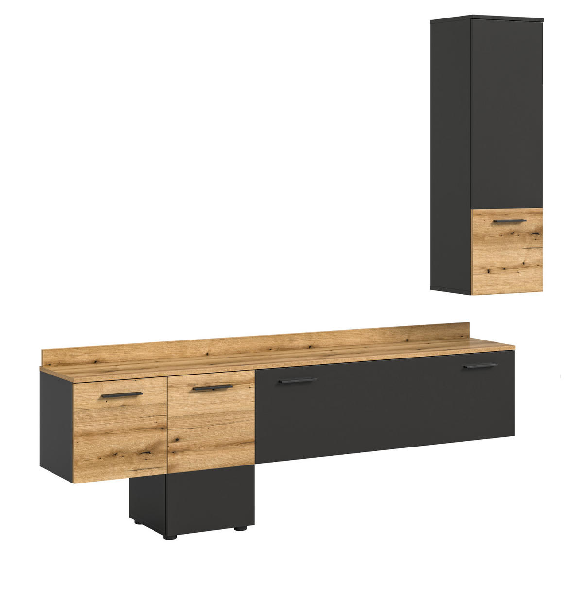WOHNWAND grau, Evoke Eiche 195 cm, Schrankwand mit Soft-Close - Eichefarben/Schwarz, Holzwerkstoff/Kunststoff (195/196/37cm) - Inn.Furn