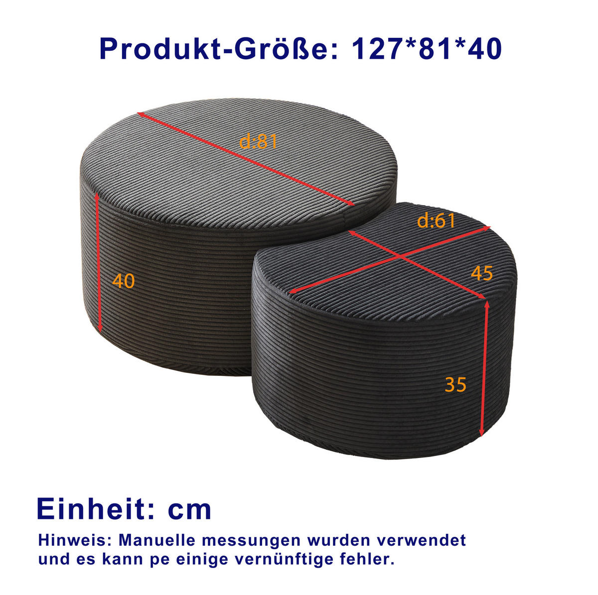 COUCHTISCH-SET 2-teilig in Schwarz aus Stoff, gepolstert und vielseitig nutzbar - Schwarz, Holzwerkstoff (127/81/40cm) - Flora Grace
