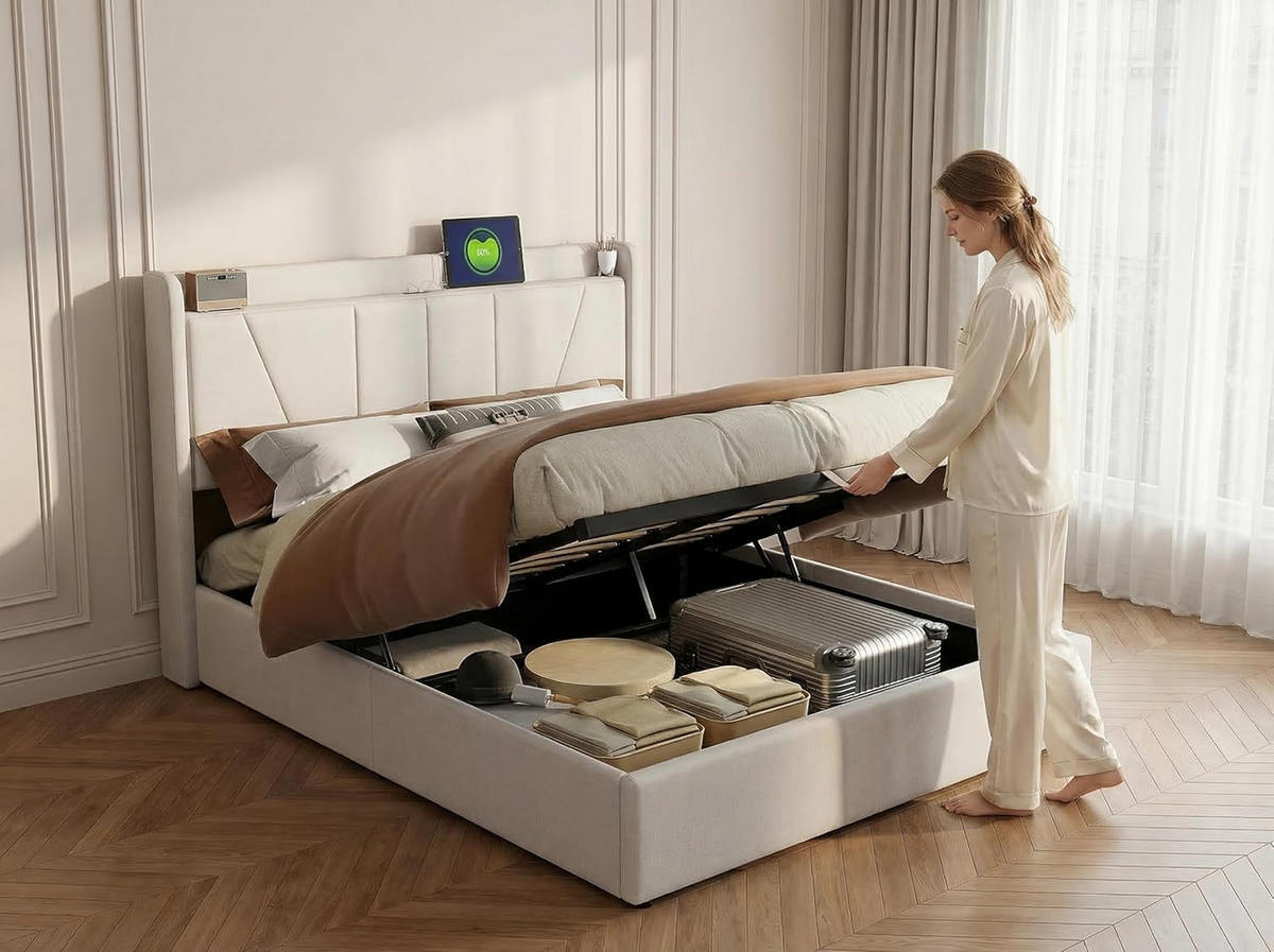 POLSTERBETT 140x200 cm in Beige mit Ladestation & Stauraum, Leinen - Beige, Holz/Metall (140/200cm) - PARAFTA HOME