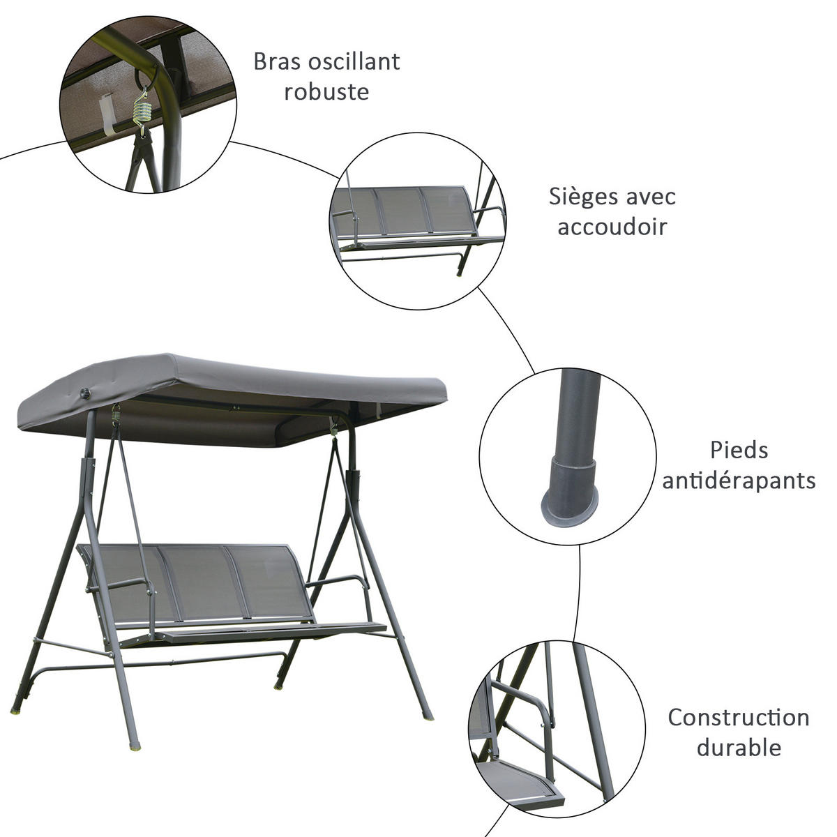 HOLLYWOODSCHAUKEL DE-15224 3-Sitzer mit verstellbarem Dach Grau - Grau, Metall (118/159/175cm) - ComfortXL