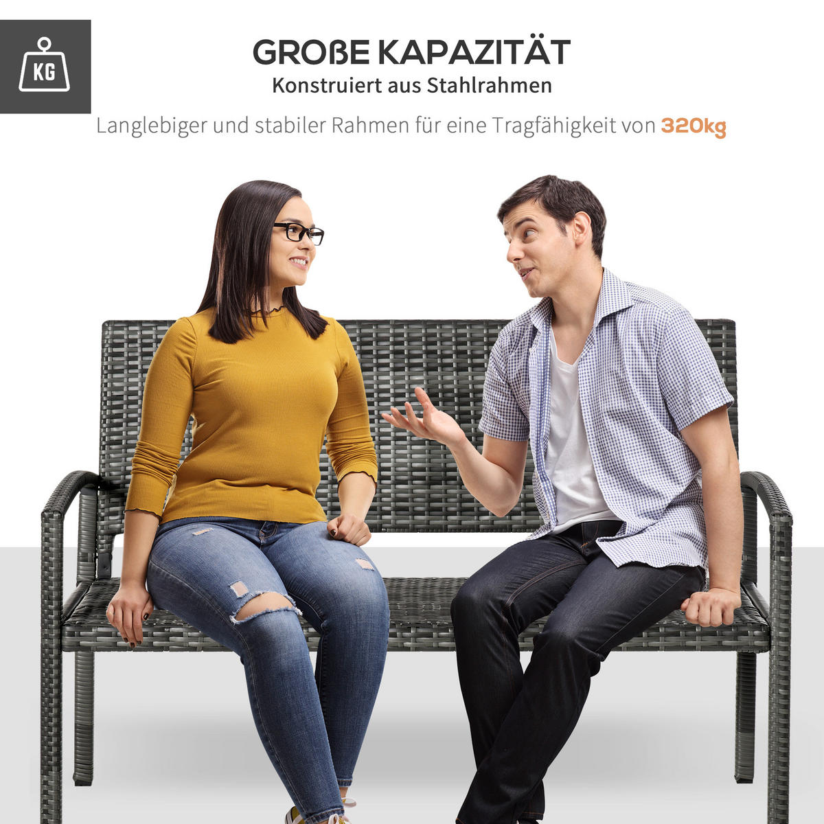 GARTENBANK mit Stahlrahmen für 2 Personen, bis 240 kg Belastbar, Grau, 122 x 60 x 85cm - Grau, Kunststoff (60/85/122cm) - Outsunny