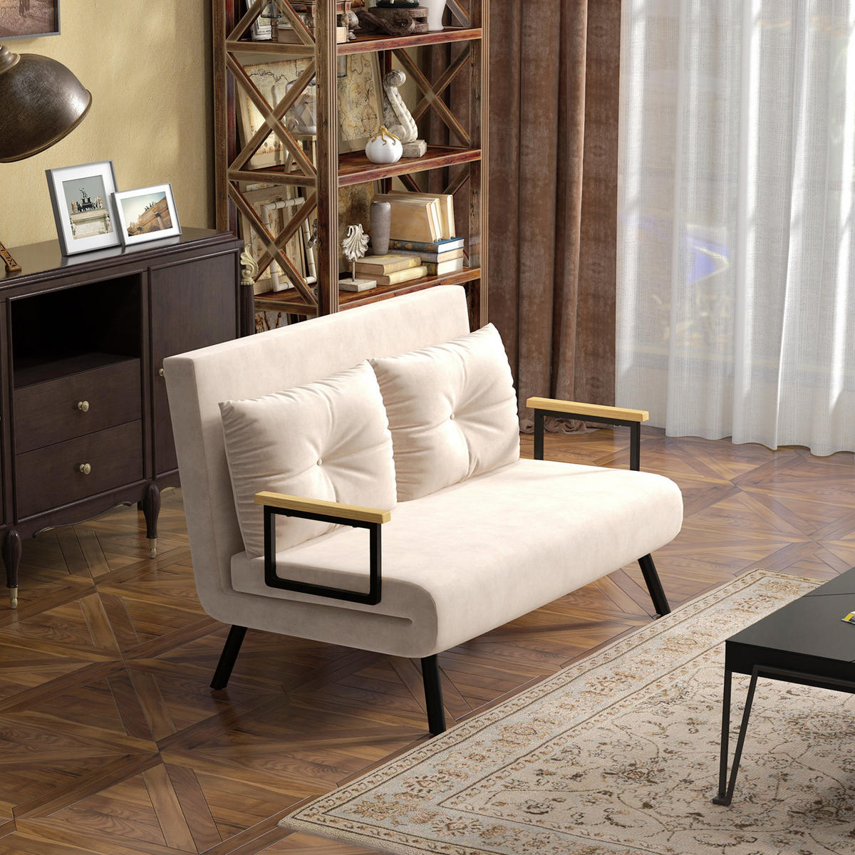 SCHLAFSOFA, Zweisitzer mit Bettfunktion, Schlafcouch mit Samtoptik, Rückenkissen - Beige/Schwarz, Holz/Textil (73/81/102cm) - HOMCOM