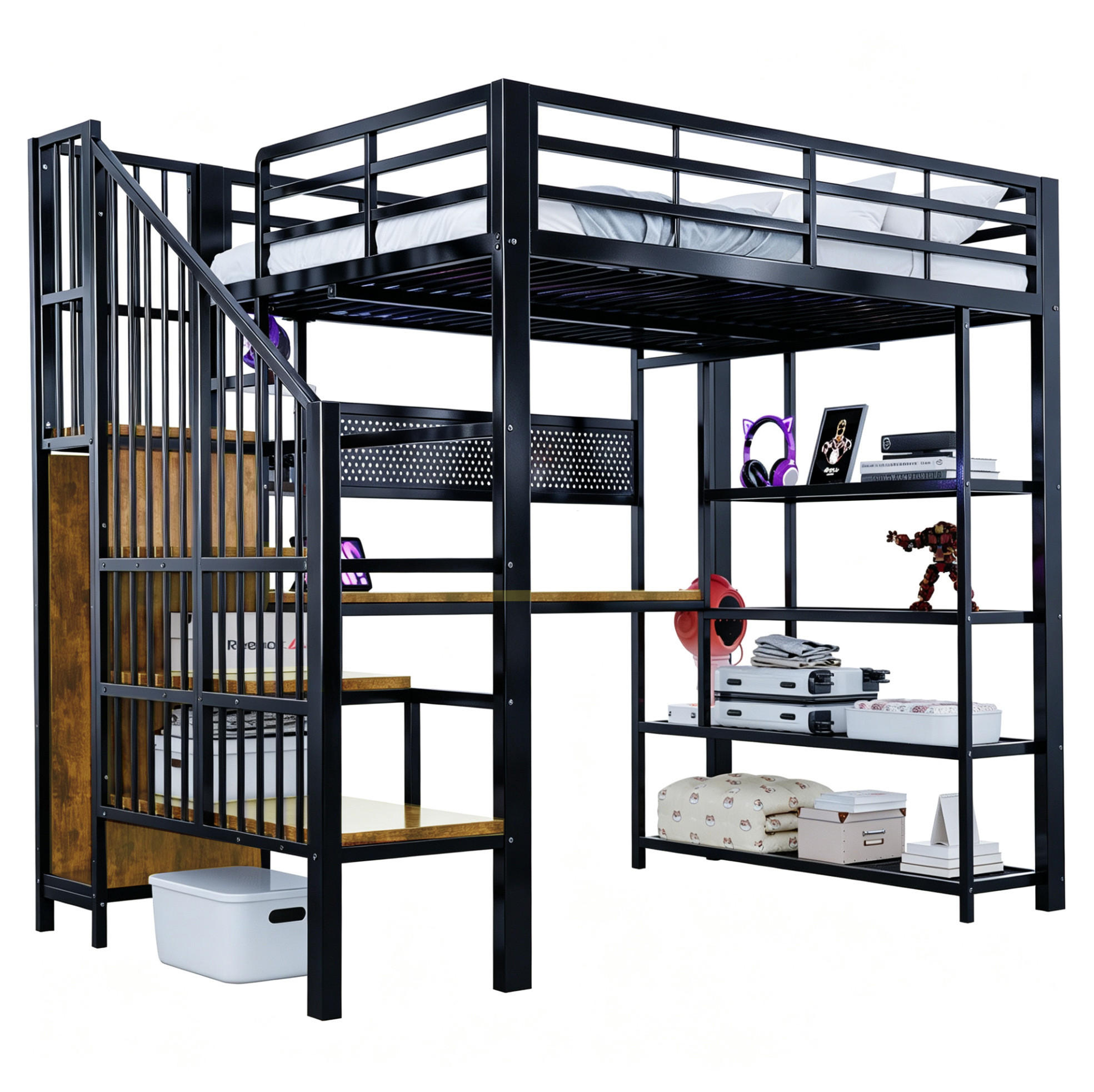 HOCHBETT 140/200 cm aus Metall und Holzwerkstoffen mit Treppe, Schreibtisch, Regal und LED Schwarz - Schwarz, Metall (140/200cm) - Modenvie