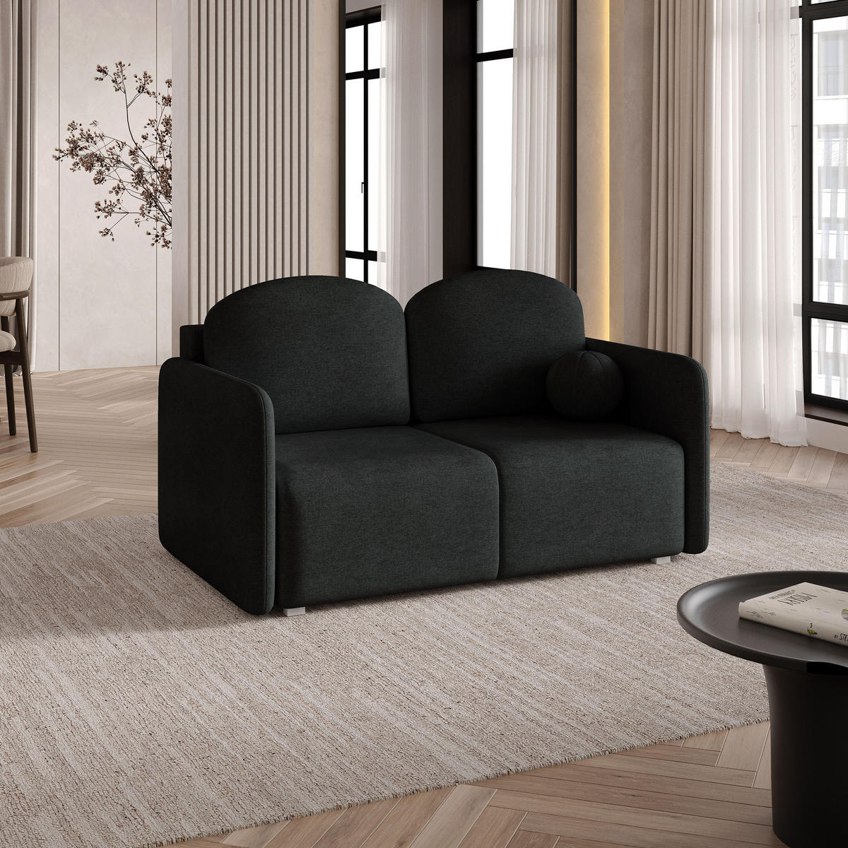 BETTSOFA SUVI II NV Schwarz Geflochtener Stoff mit Schlaffunktion - Schwarz, Textil (90/85/153cm) - MASSENO