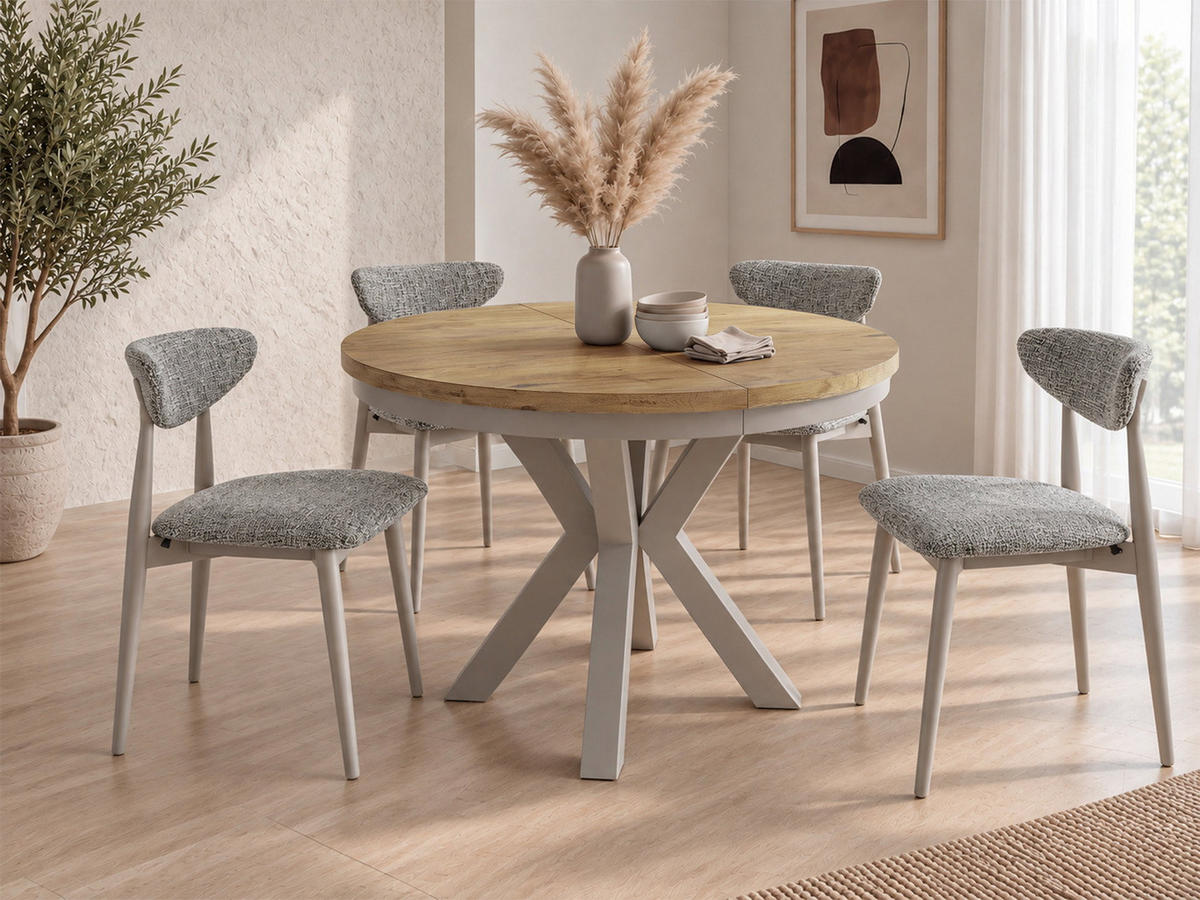 ESSTISCH Clara Grau-Beige runder ausziehbarer, Lancelot Eiche 100-180/100/76 cm - Eichefarben/Braun, Holzwerkstoff/Metall (100/176/76cm) - WFL GROUP
