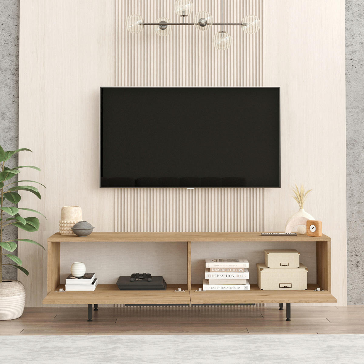 TV SKŘÍŇKA Urejovle - černá/barva dubu, kov/kompozitní dřevo (160/45/35.5cm) - [en.casa]