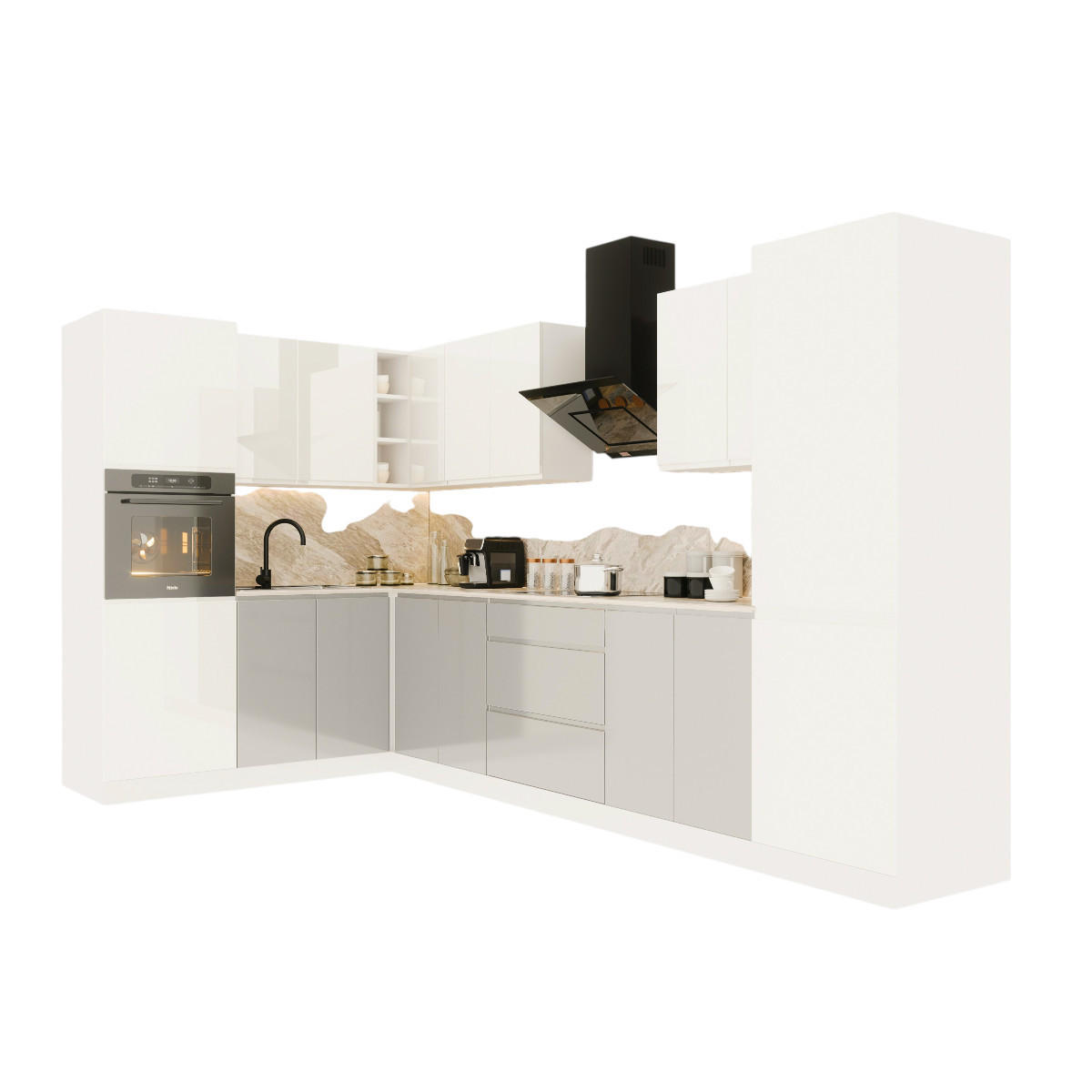 ECKKÜCHE 300x140 cm Glanzia – KU-S08 – Weiß / Grau – Hochglanz - Weiß Hochglanz/Grau, Holzwerkstoff (300/212/140cm) - hi-markt