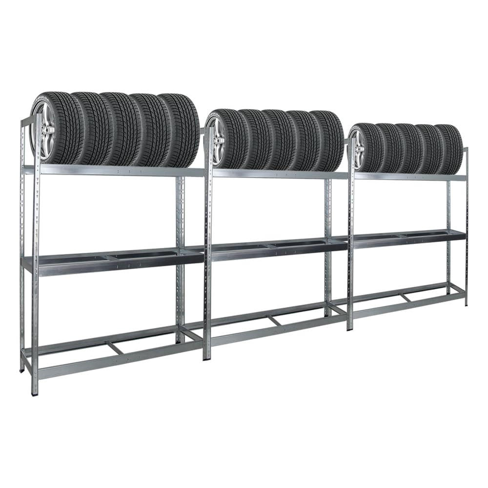 REIFENREGAL Tiger XL 3er-Set mit 3x 200x150x45 cm 300 kg Fachlast bis zu 54 Reifen Verzinkt - Silberfarben, Metall (450/200/45cm) - PROREGAL