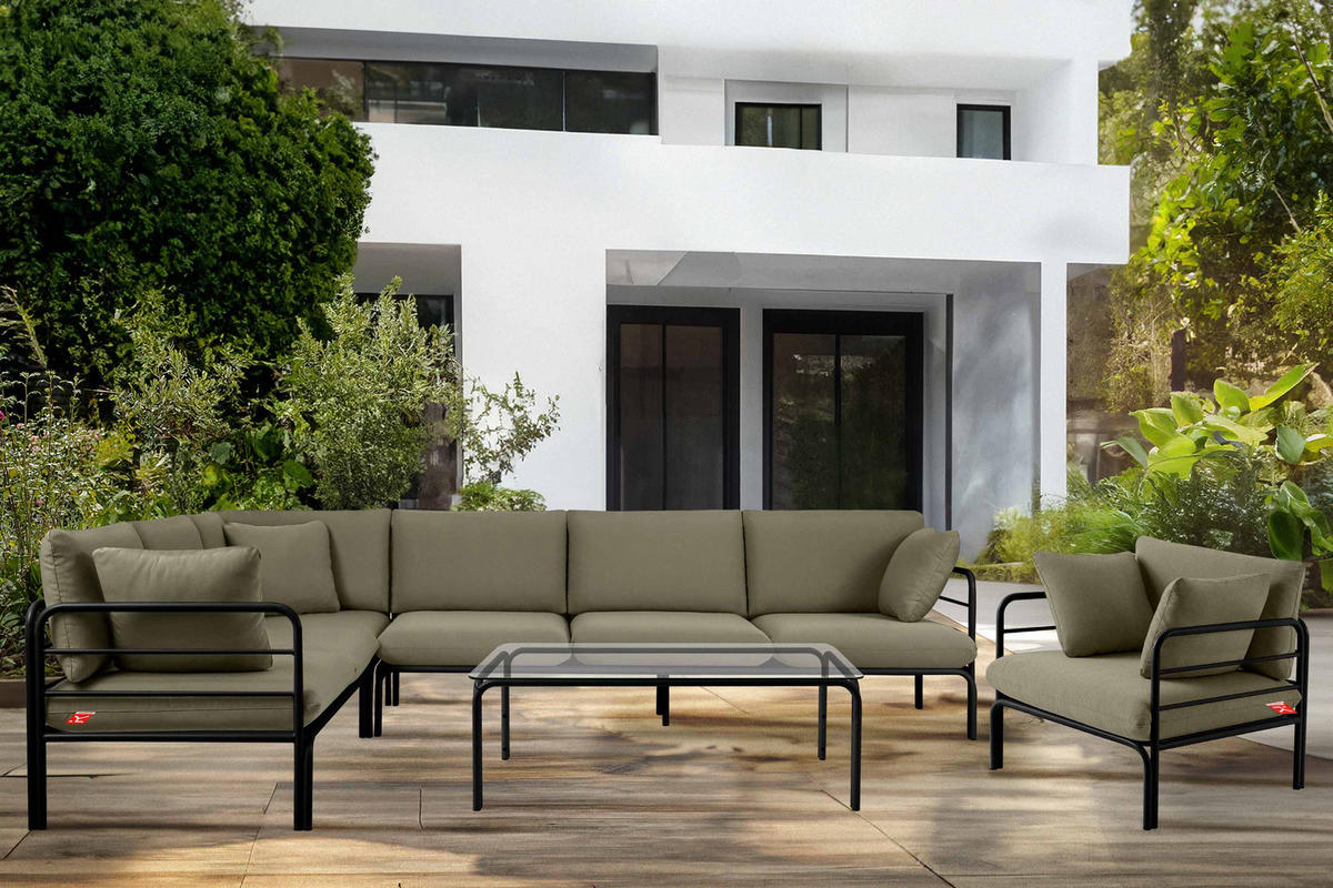 GARTENECKSOFA RAMBE 5-Sitzer mit Kissen, Anthrazit/Beige - Dunkelgrau/Beige, Textil/Metall (304/80/229cm) - KONSIMO®