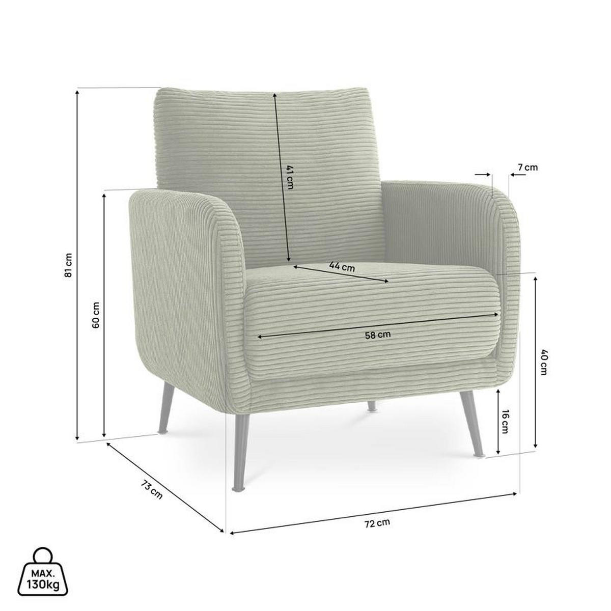 DESIGNER-SESSEL Emma aus salbeigrünem Cord - Salbeigrün/Schwarz, Holz/Holzwerkstoff (71/81/75cm) - Sicaan