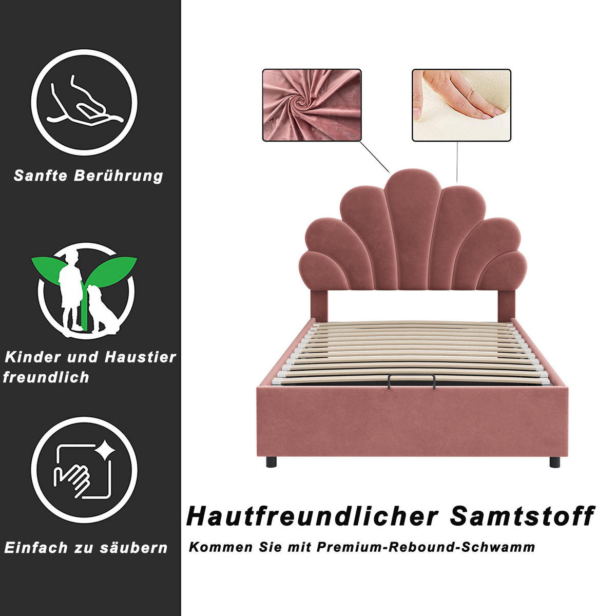 POLSTERBETT 90/200 cm mit floralem Kopfteil, Lattenrost und hydraulischem Bettkasten, Rosa - Rosa, Textil (90/200cm) - Redom
