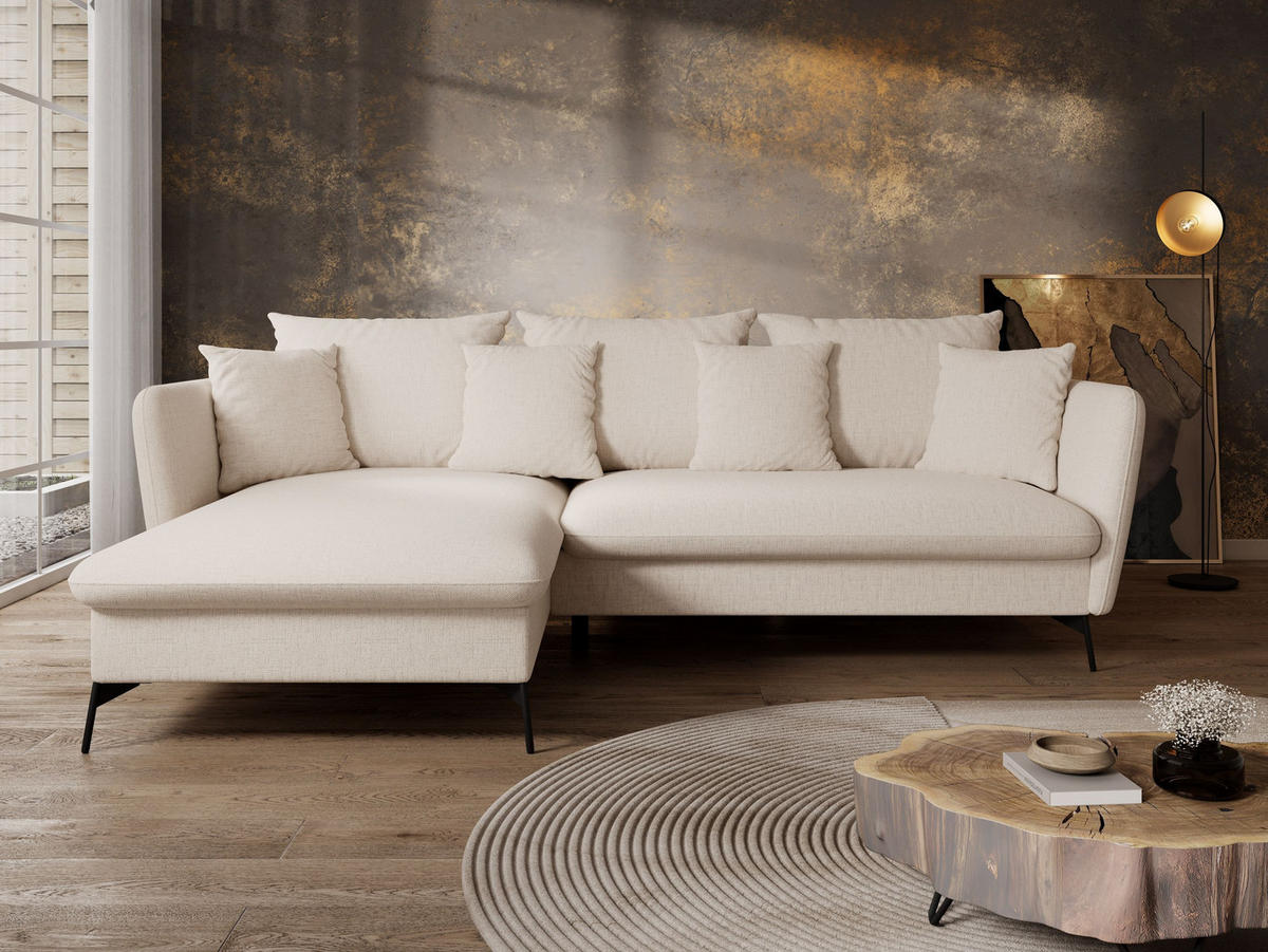 ECKSOFA FERRO Creme Chenille mit Schlaffunktion - Creme, Holz (258/167cm) - MASSENO