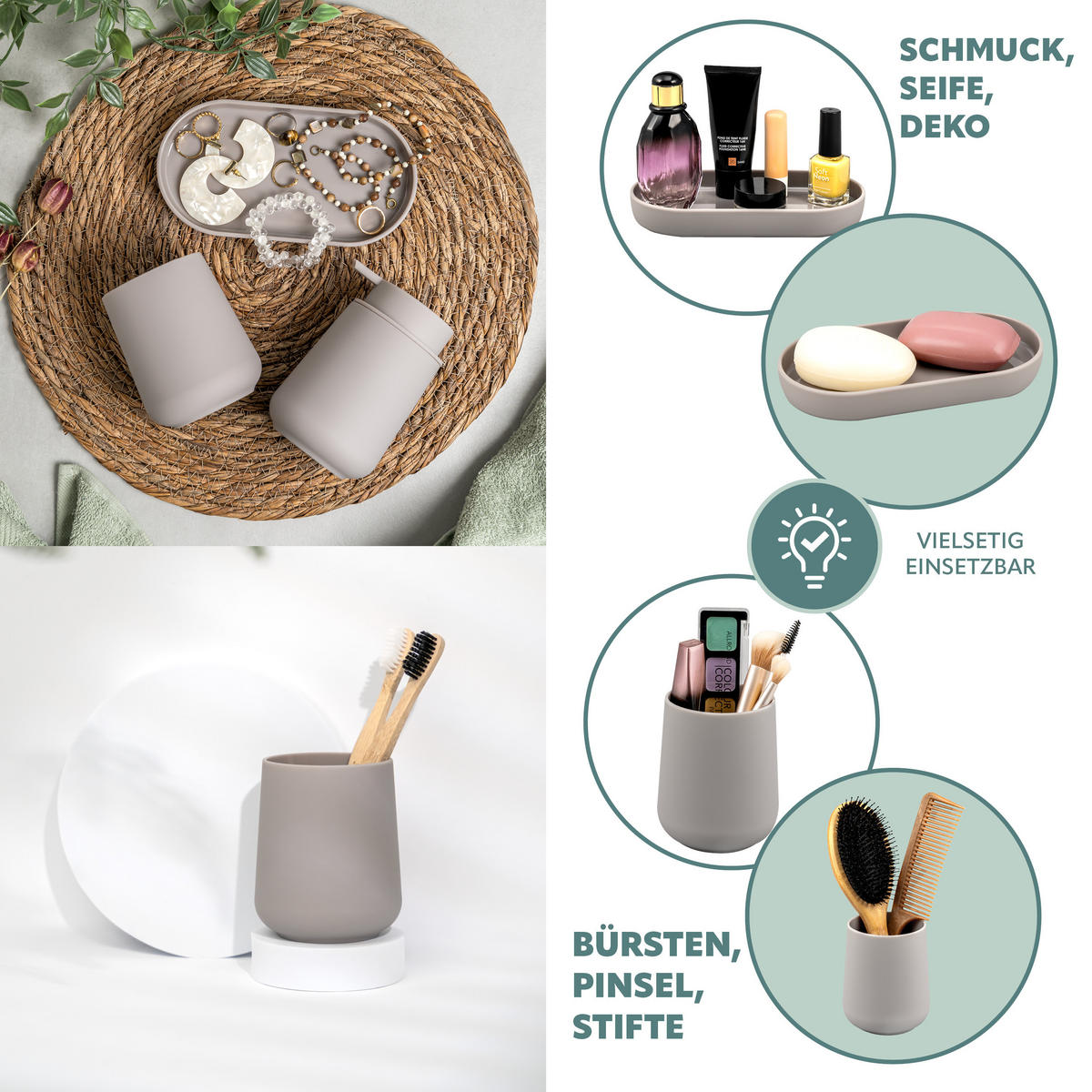 BAD-ACCESSOIRES-SET TESERO, Soft-Touch, taupe - Taupe, Kunststoff (18.5/13.5/10cm) - eluno