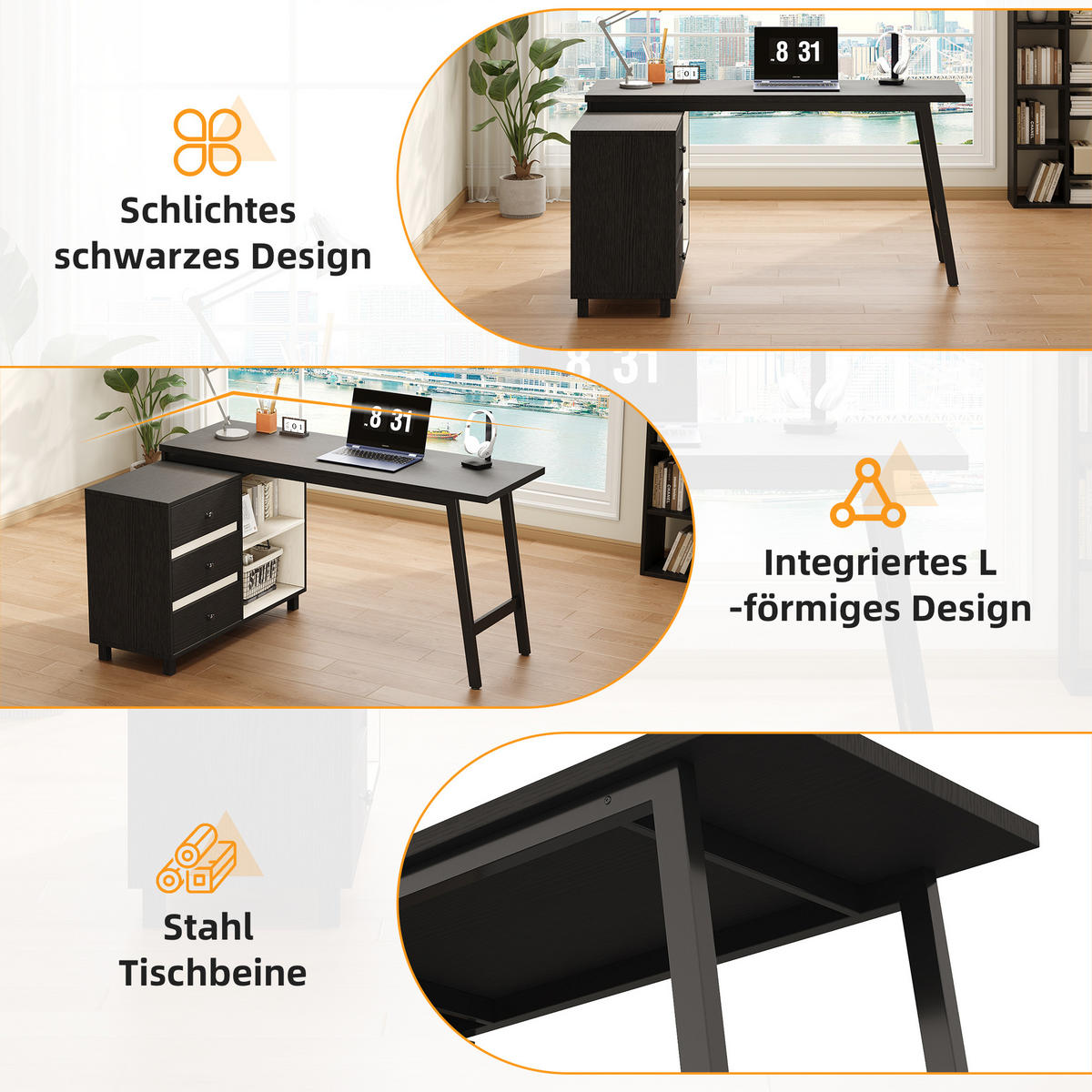 ECKSCHREIBTISCH Schwarz-Weiß 150/100/76 cm mit 3 Schubladen und 2 offenen Fächern - Schwarz, Holzwerkstoff (100/150/76cm) - PANGIVO
