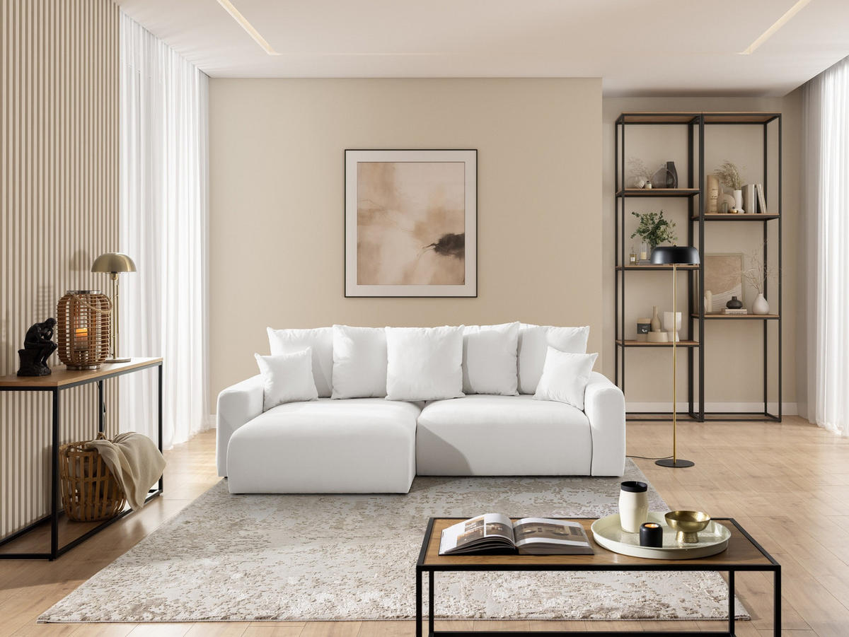 ECKSOFA Calma mit Schlaffunktion und Bettkasten im Bumpy-Design aus weichem Creme Webstoff - Ottomane links - Creme/Schwarz, Holz/Kunststoff (239/140cm) - S-Style
