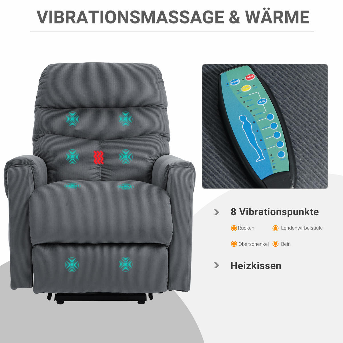 FERNSEHSESSEL Sessel mit Aufstehhilfe mit Massagefunktion Heizung Dunkelgrau - Dunkelgrau/Schwarz, Textil/Metall (97/103/79cm) - HOMCOM
