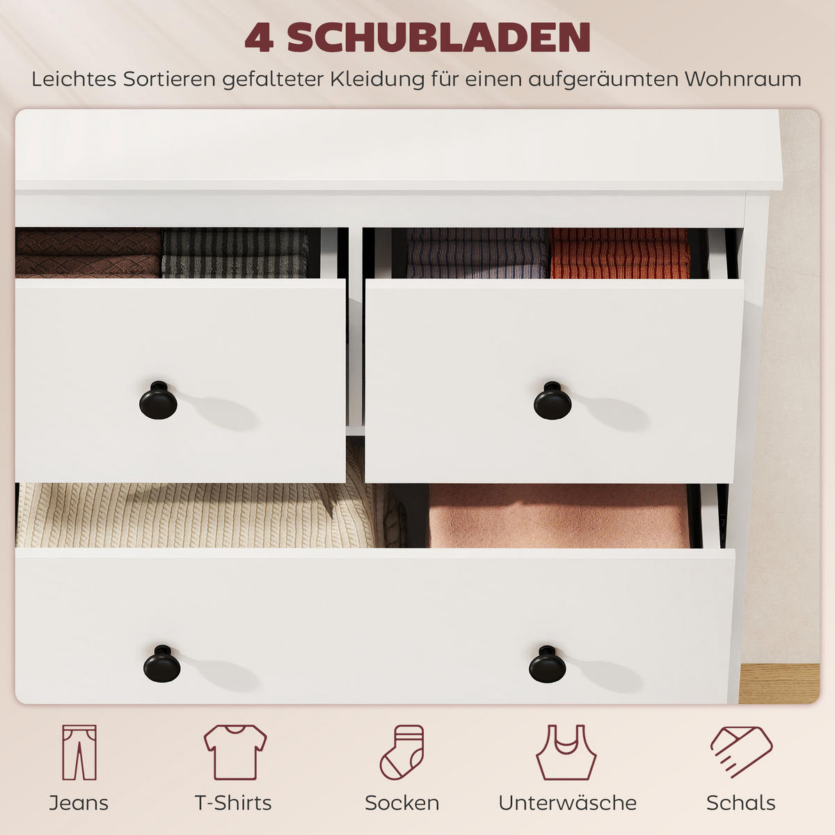 KOMMODE Moderner Sideboard mit 4 Schubladen für Wohnzimmer Weiß - Schwarz/Weiß, Holzwerkstoff/Kunststoff (35/97/74cm) - HOMCOM