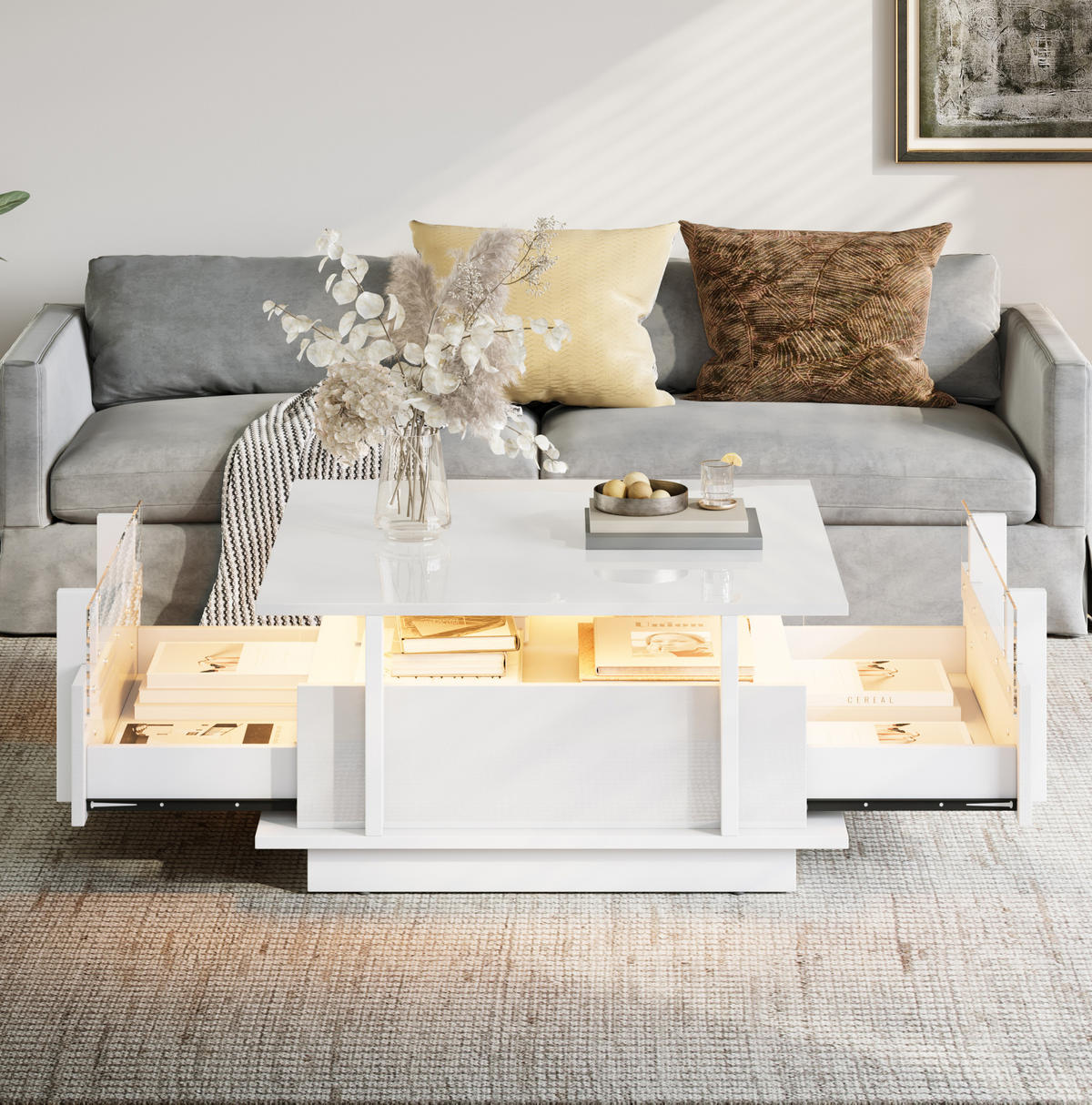 COUCHTISCH mit LED und 2 Schubladen 70x70 cm Hochglanz Weiß - Weiß, Holzwerkstoff (70/70/35cm) - Meubliv