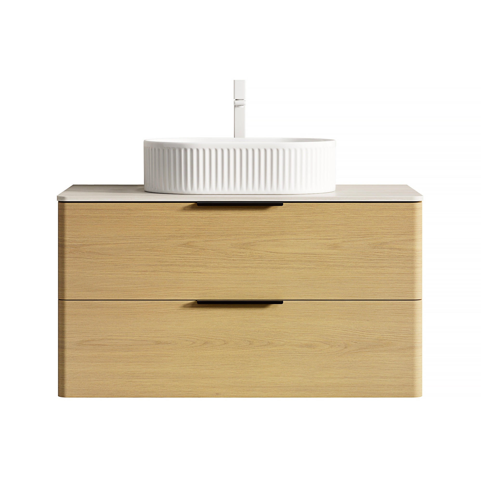 WASCHTISCHKOMBI 90/46/62 cm beige/eiche/weiß aus Keramik und Sinterstein mit 2 Schubladen - Eichefarben, Holzwerkstoff (90/62.2/46cm) - OKWISH