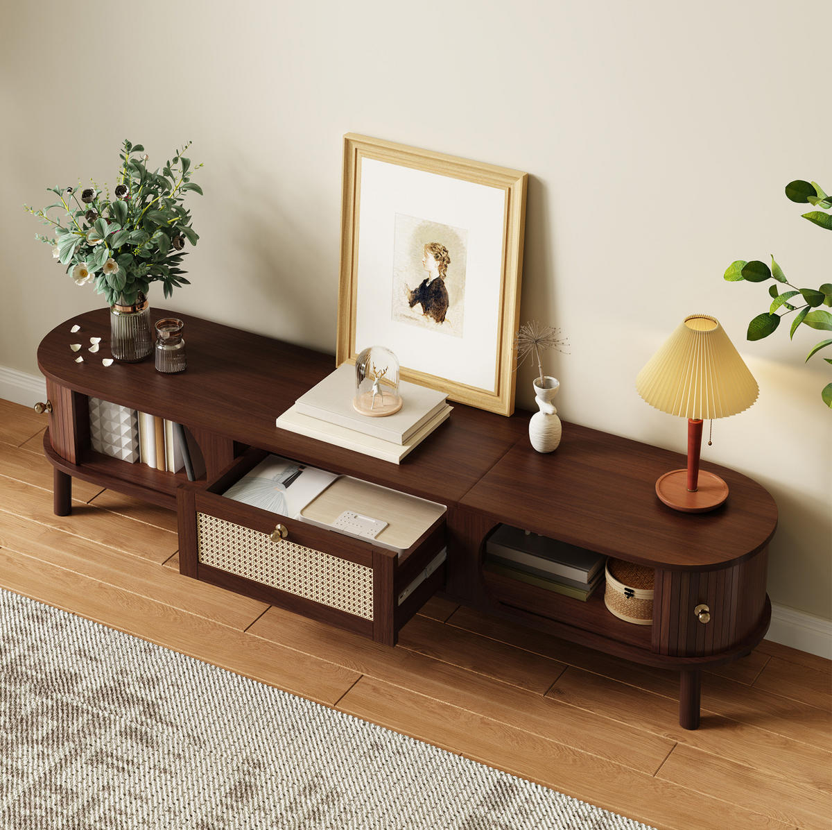 TV-SCHRANK aus Spanplatte und Rattan 170x39,5x38 cm Naturfarben/Hellgelb mit Türen und Schubladen in Bambusoptik - Eichefarben, Holzwerkstoff (170/38/39.5cm) - Modfu