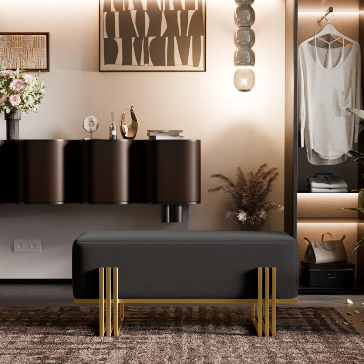 POLSTERBANK TEO 100 cm Gold / Schwarz ,Metallgestell - Schwarz, Metall (100/47/35cm) - Idohome