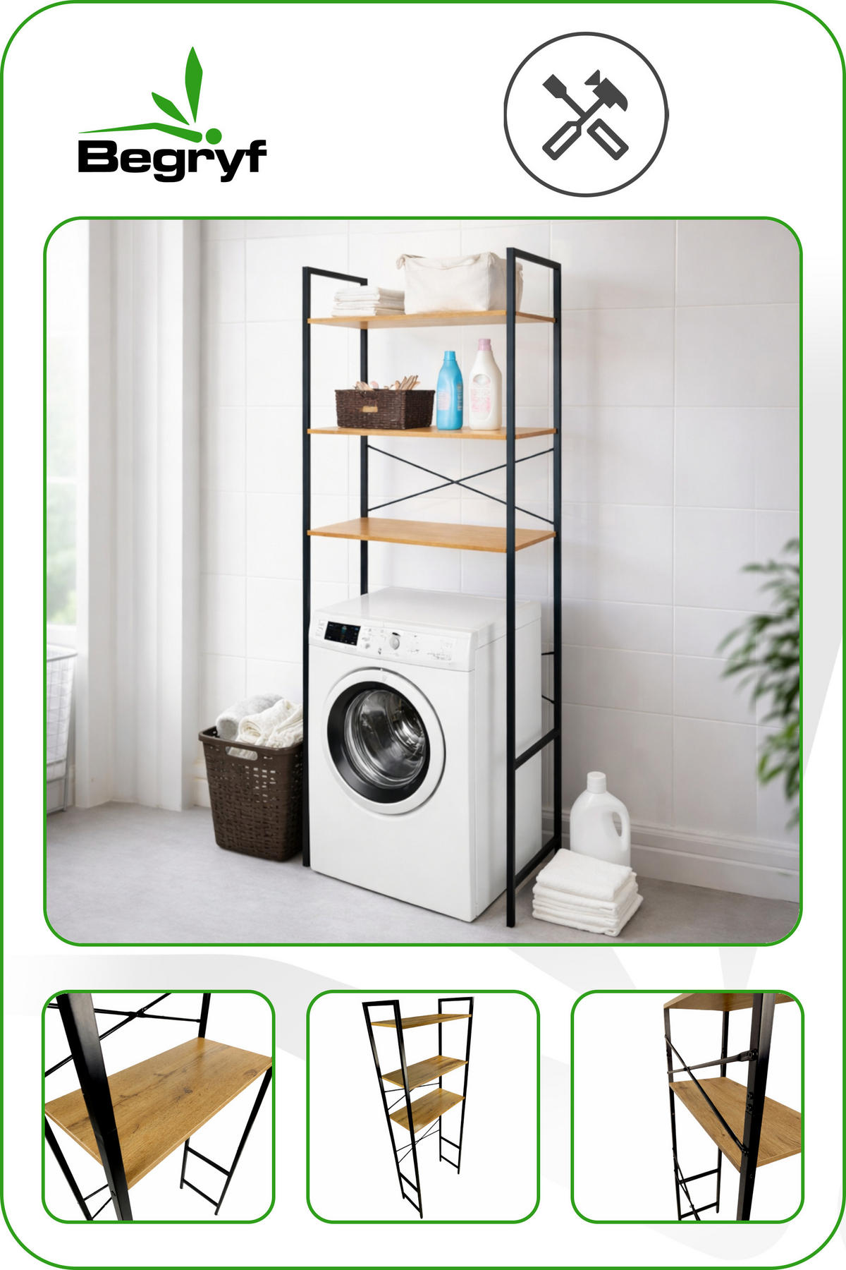 WASCHMASCHINEREGAL Holzoptik Metall Erlefarben Schwarz 3 Ebenen 66x30x186 cm - Erlefarben/Schwarz, Holzwerkstoff/Metall (66/186/30cm) - Begryf