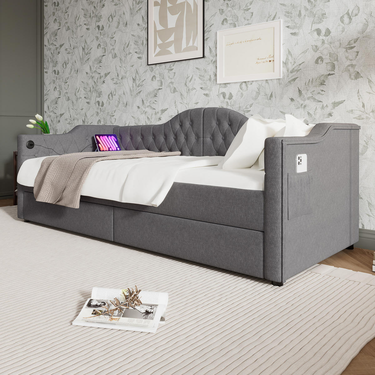 TAGESBETT 90/200 cm DE-00607, in Grau, USB-Anschluss und 2 Schubladen - Grau, Metall (90/200cm) - ComfortXL