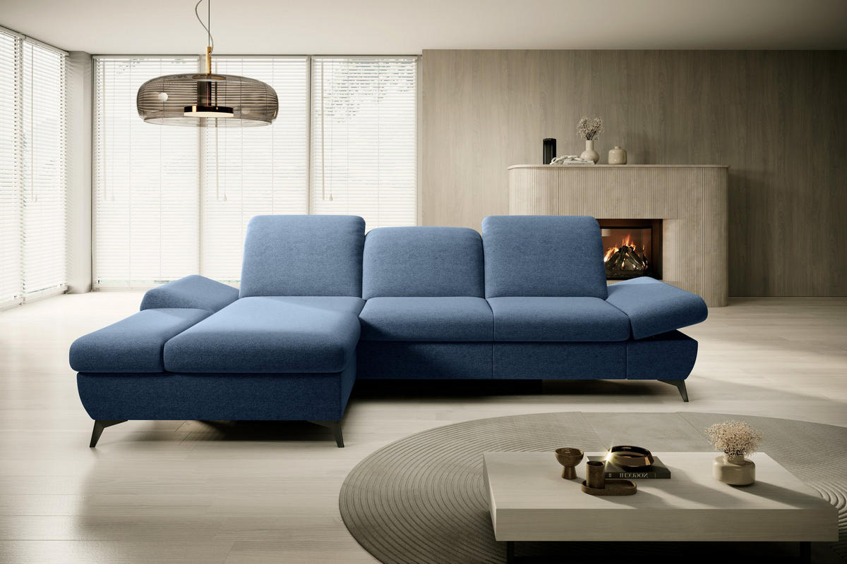 ECKSOFA FELICE L-S Blau Geflochtener Stoff mit Schlaffunktion - Blau, Holz (284/166cm) - MASSENO