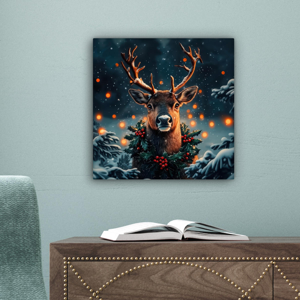 LEINWANDBILD Hirsch - Weihnachten - Winter - Schnee - Weihnachtskranz 20x20 cm - Dunkelbraun, Textil (20/20cm) - MuchoWow