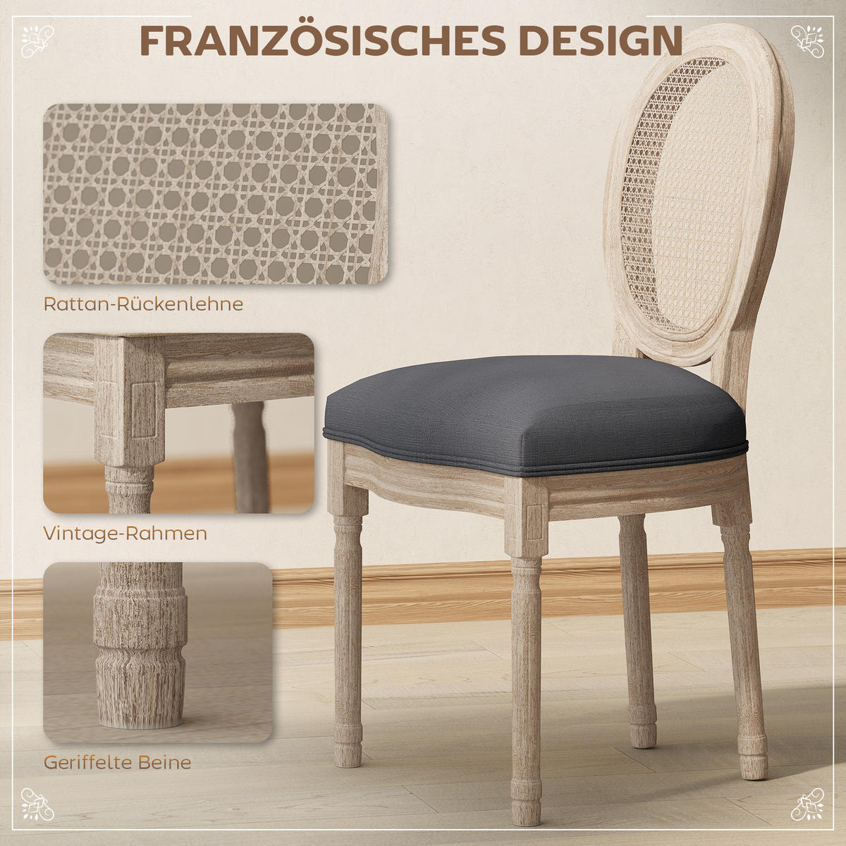 ESSZIMMERSTÜHLE 2er Set Küchenstuhl mit Rattan-Rückenlehne, Leinenoptik Grau - Naturfarben/Grau, Holz/Textil (56/96/49cm) - HOMCOM