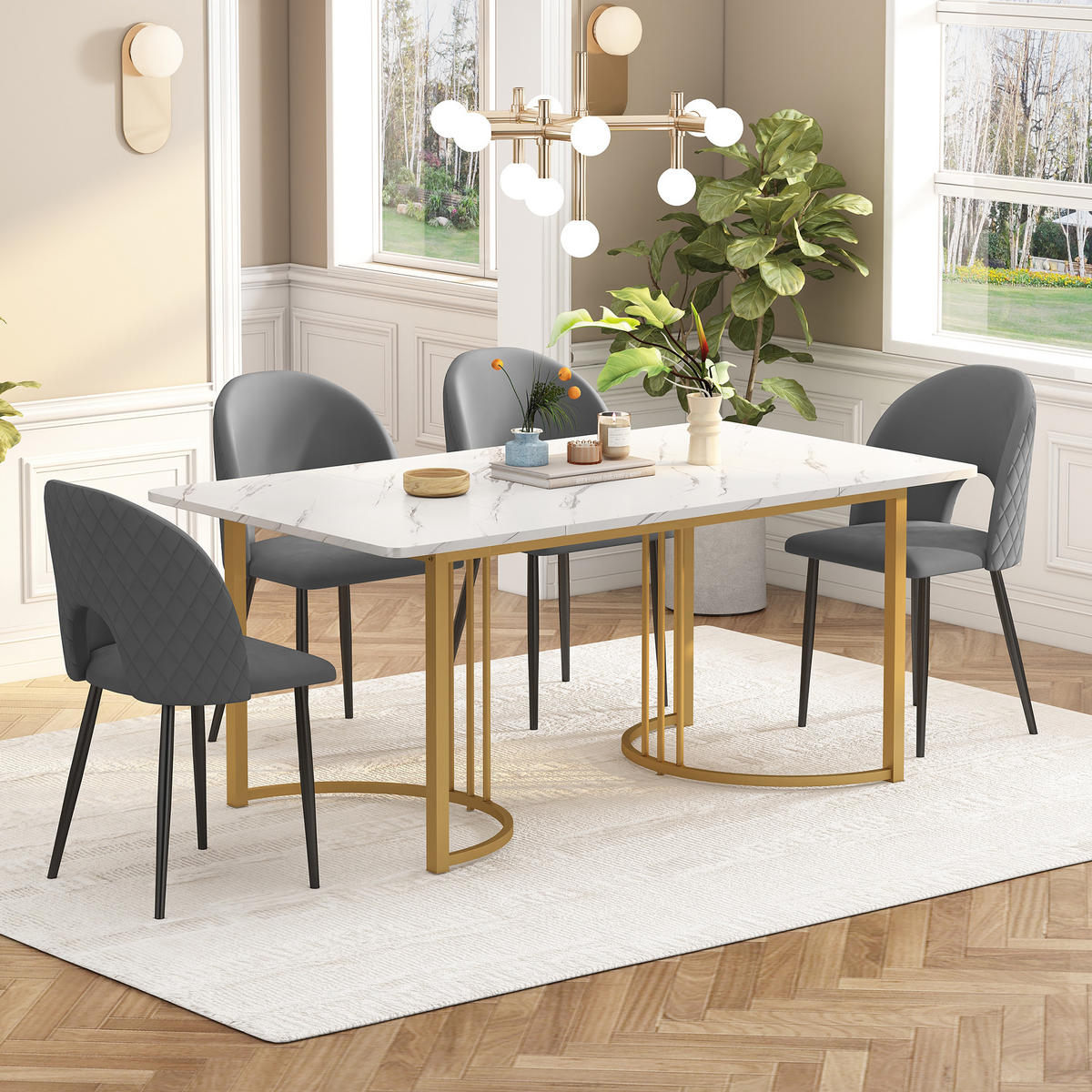 ESSGRUPPE Esstisch 4 Stühle MDF Weiß Grau 140x80cm - Grau, Textil (140/75/80cm) - FLIEKS