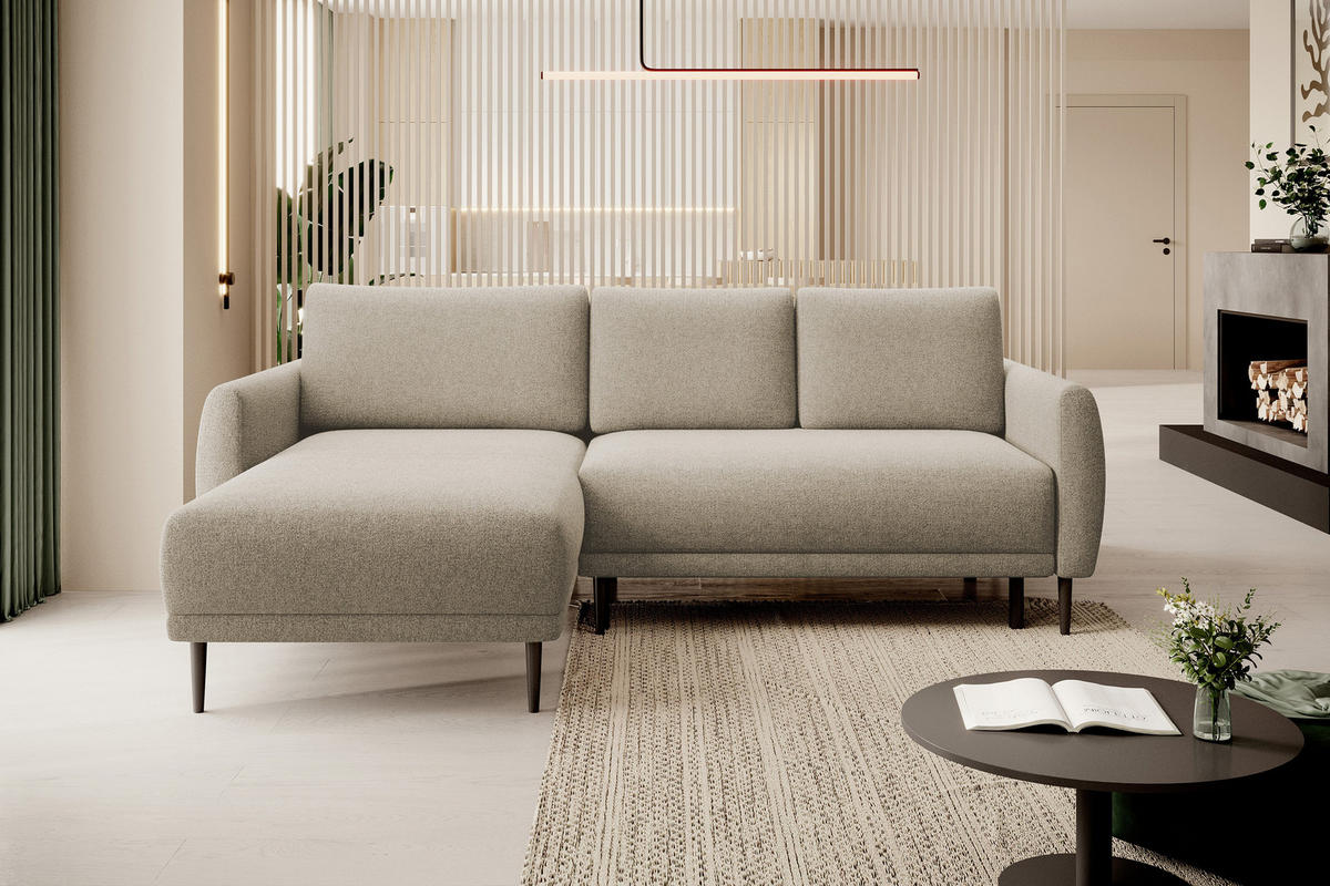 ECKSOFA BONO Stilvolles Sofa mit Schlaffunktion, Robuste Holzfüße, Elegante Armlehnen, Tiefe Sitzfläche 226x164x88cm, Linke, Sand - Sandfarben, Holz/Textil (164/226cm) - DomoHome