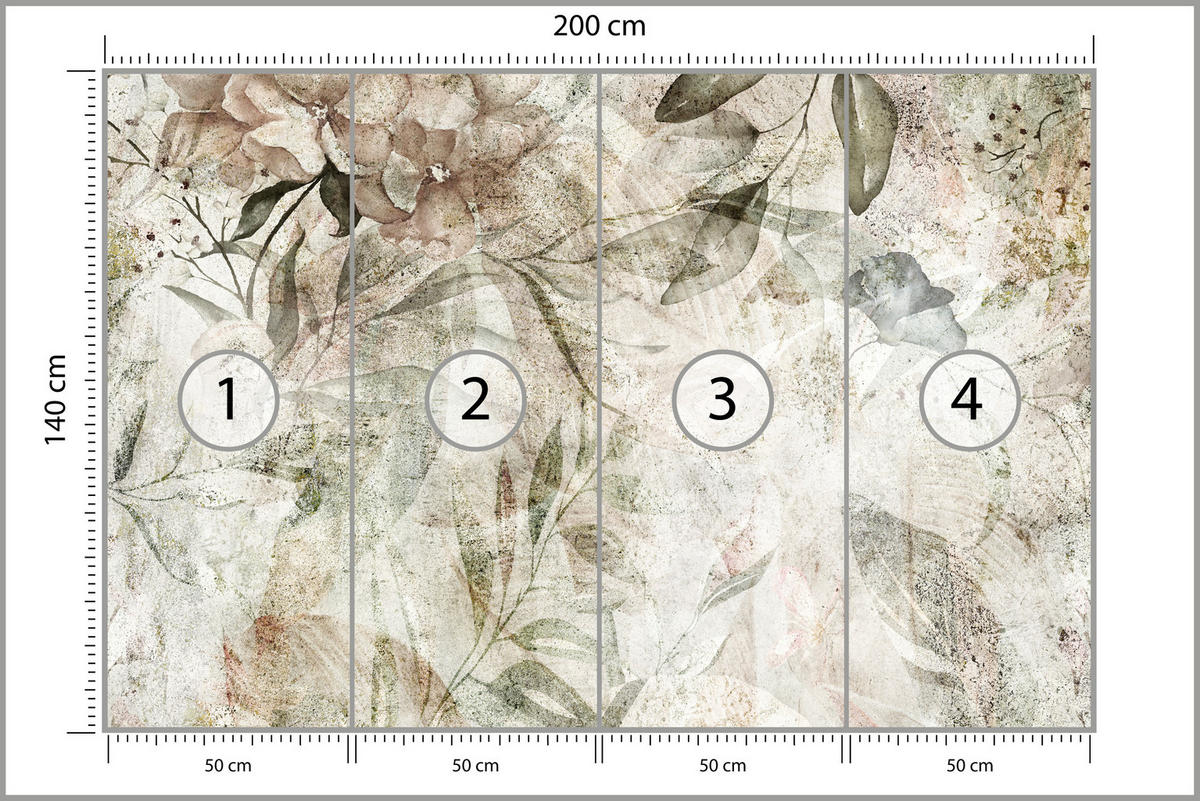 FOTOTAPETE für Schlafzimmer Retro Blumen Blätter Beton Abstrakt Vintage 200x140 - Beige/Braun, Papier (200/140cm) - Muralo