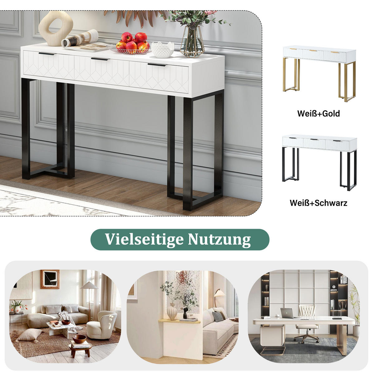 KONSOLENTISCH 120/36/80 cm weiß schwarz aus MDF mit 2 Schubladen und verstellbaren Fußpolstern - Schwarz, Holzwerkstoff (120/36/80cm) - OKWISH