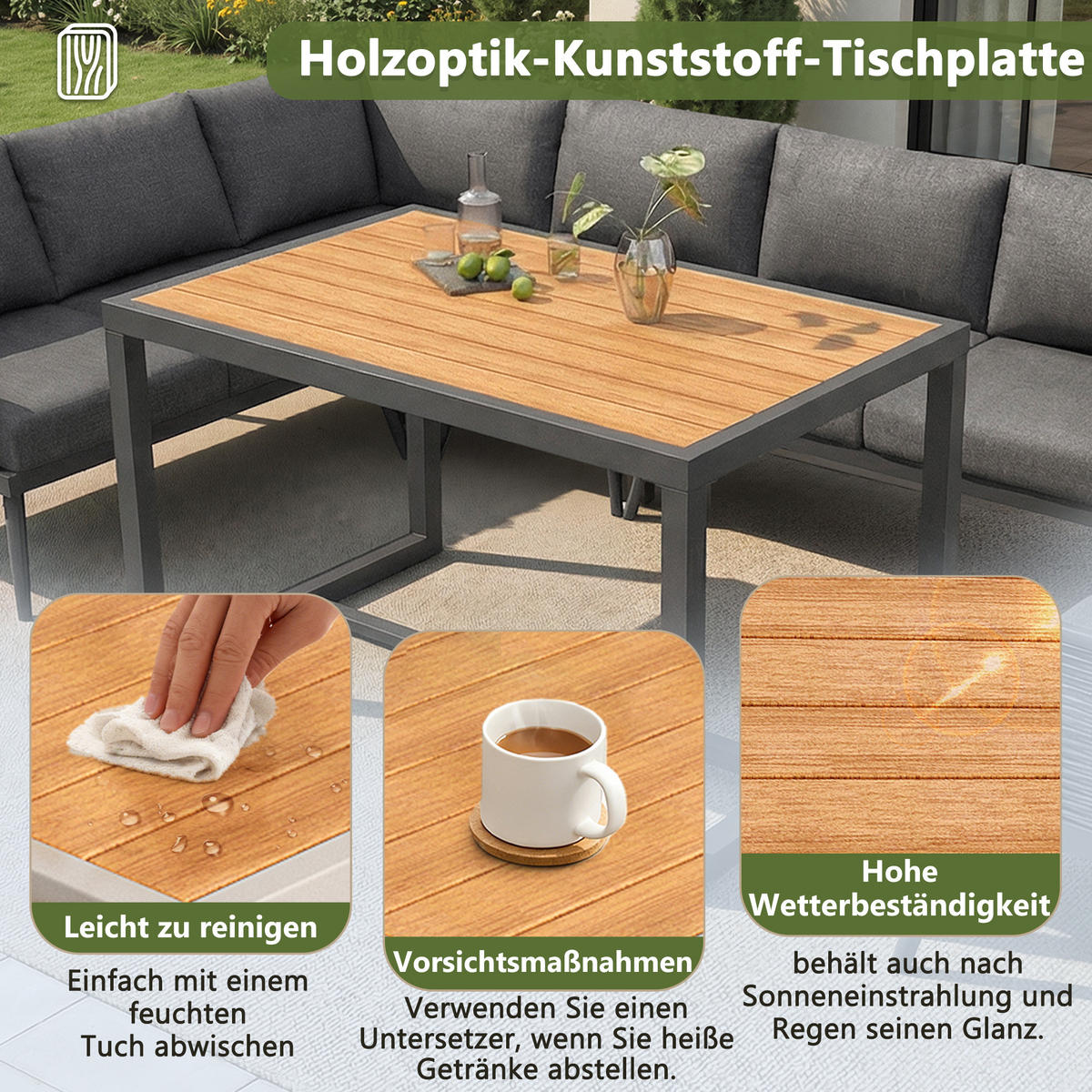 GARTENSET L-Form 7 Personen Grau Inkl. Tisch & Sessel Mit Polstern - Grau, Metall - FLIEKS