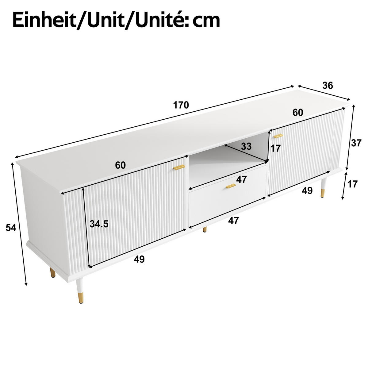 TV-LOWBOARD 170/36/54 cm weiß aus MDF mit Soft-Close und Kabelöffnungen - Weiß, Holzwerkstoff (36/54/170cm) - OKWISH