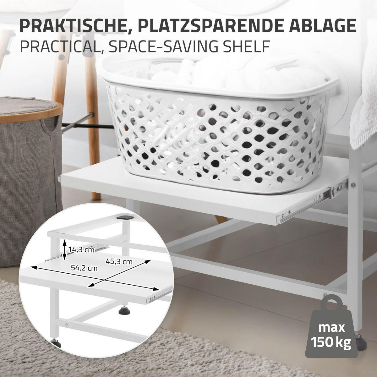 WASCHMASCHINEN UNTERGESTELL mit Ablage ausziehbar Weiß 62,5x50,1x40,5 cm - Weiß, Metall (62.5/45/53.5cm) - ML-DESIGN