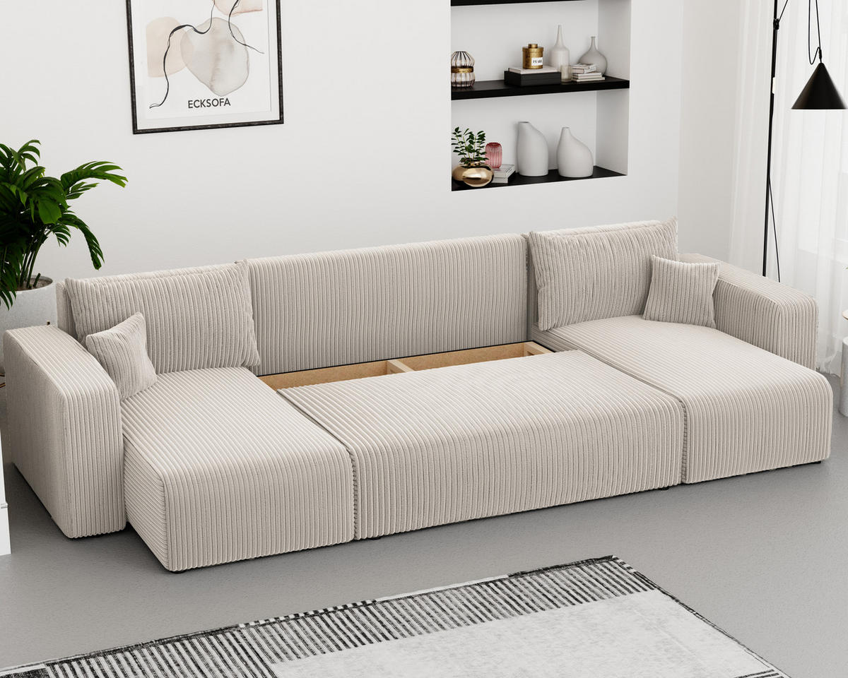 WOHNLANDSHAFT U-Form mit Schlaffunktion und Bettkasten, Beige - Beige, Holzwerkstoff/Textil (318/79/145cm) - Idohome