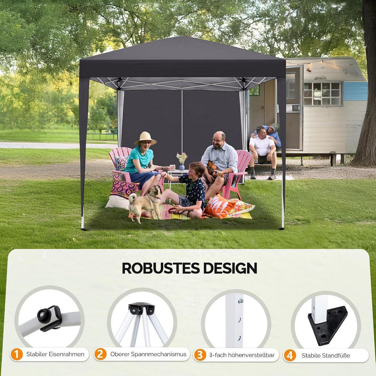 FALTPAVILLON 3x3m mit 4 Seitenteilen, höhenverstellbar in anthrazit - Anthrazit, Metall (300/260/300cm)