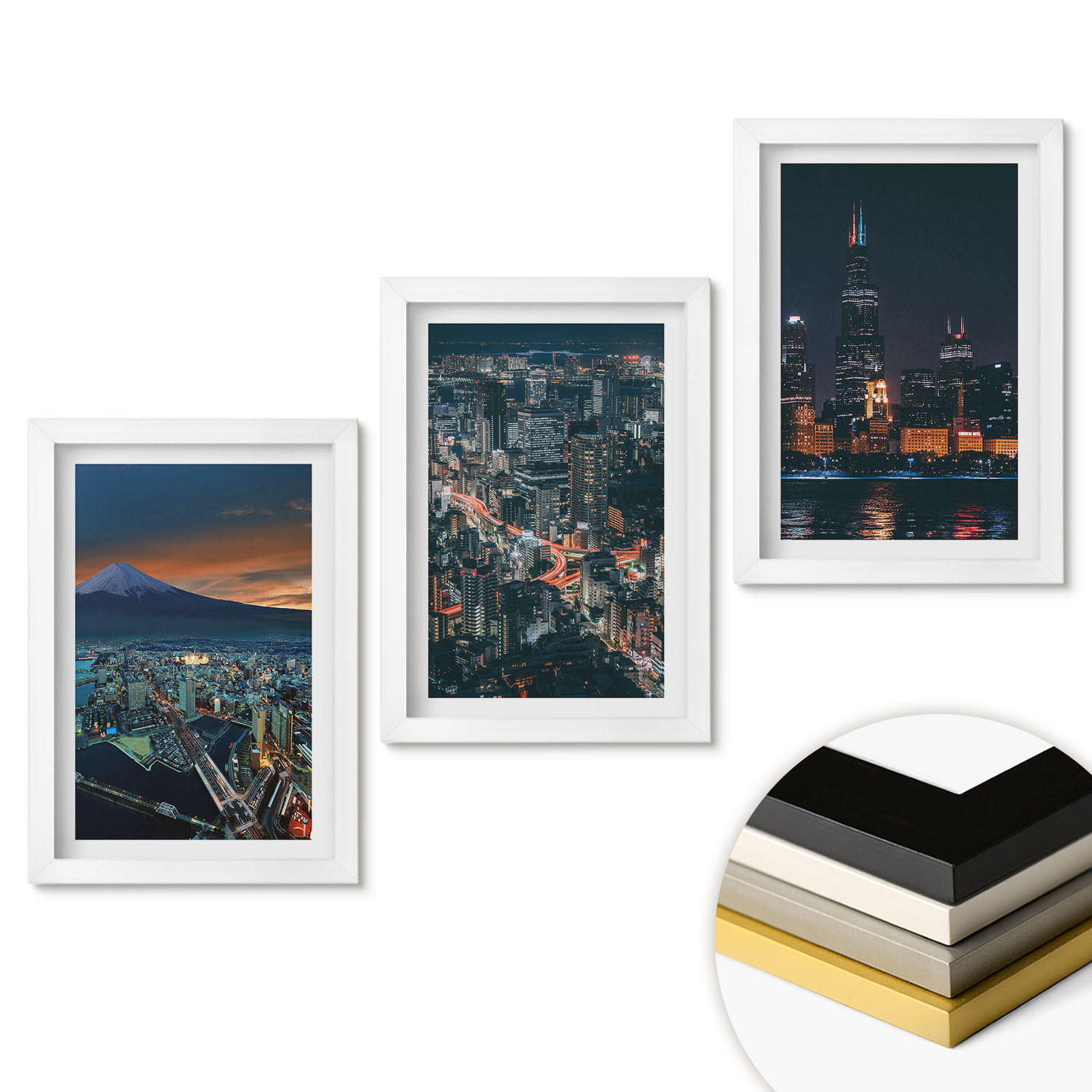WANDBILDER 3er-Set - 20x30 cm Weißer Rahmen - Bergpanorama der Stadt bei Nacht - Weiß, Kunststoff (20/30cm) - ArtPrintCave