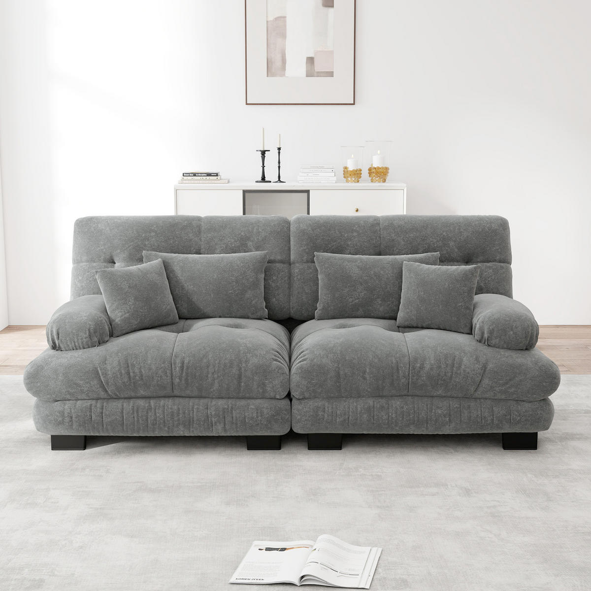 ECKSOFA modular Chenille Grau mit Kissen - Hellgrau, Kunststoff (77/81/220cm) - Meubliv