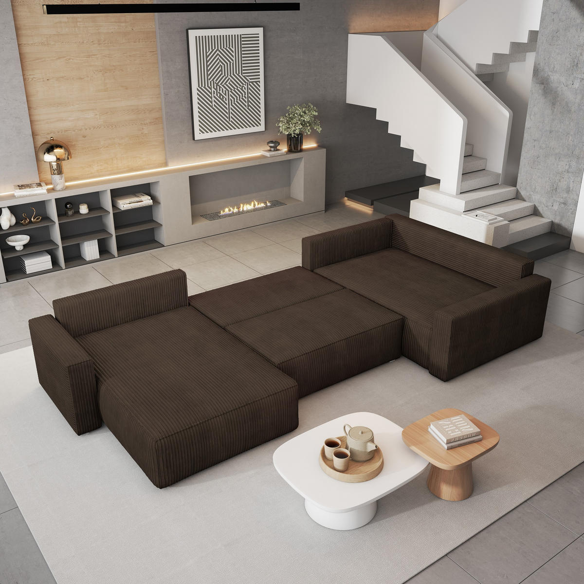 WOHNLANDSCHAFT VELAMI R-S Braun Kordstoff mit Schlaffunktion - Braun, Holz (365/83/194cm) - MASSENO