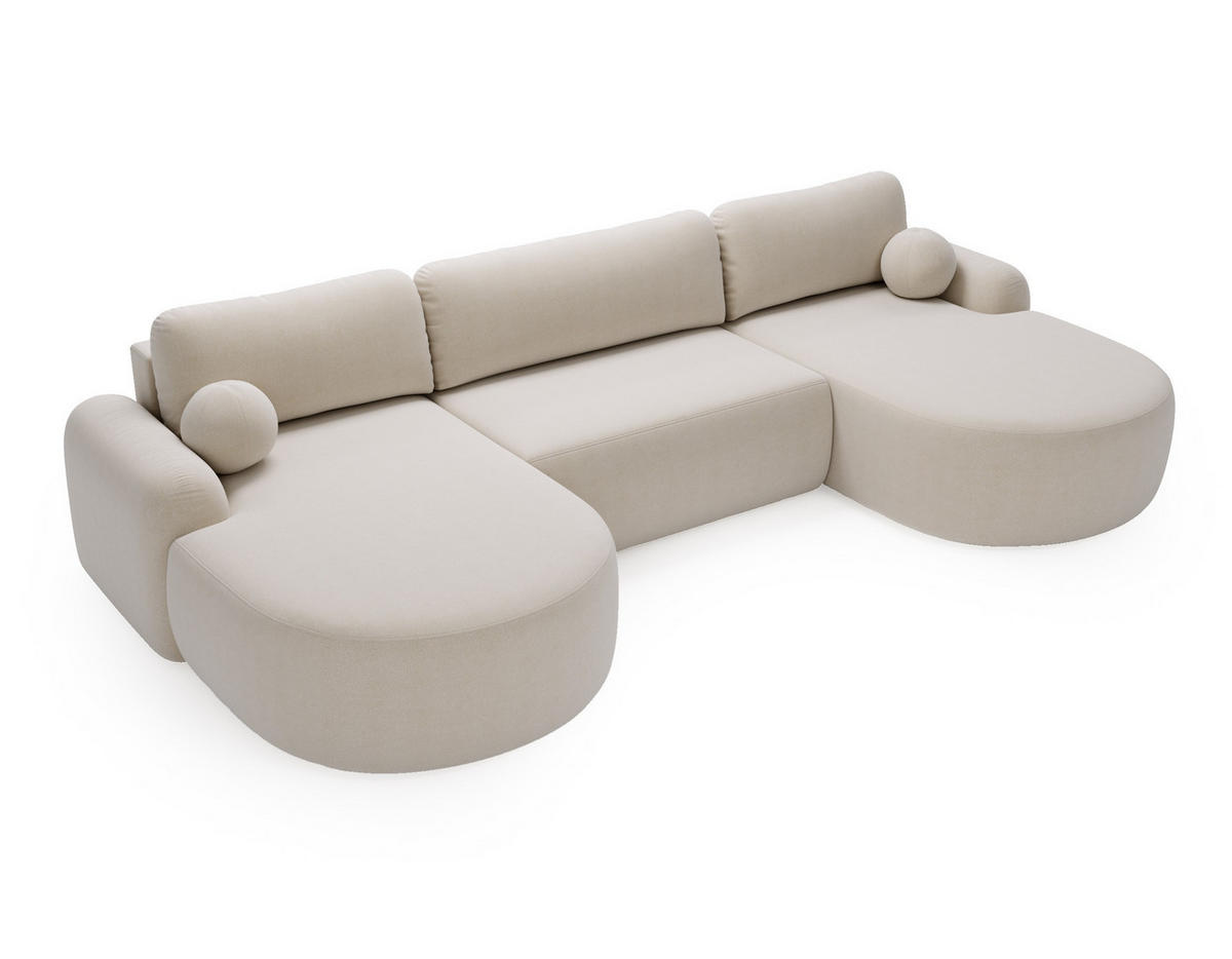 WOHNLANDSCHAFT Cloudy Creme, mit abgerundeten Seiten und Kissen - Creme, Holzwerkstoff (377/92/177cm) - Bettso
