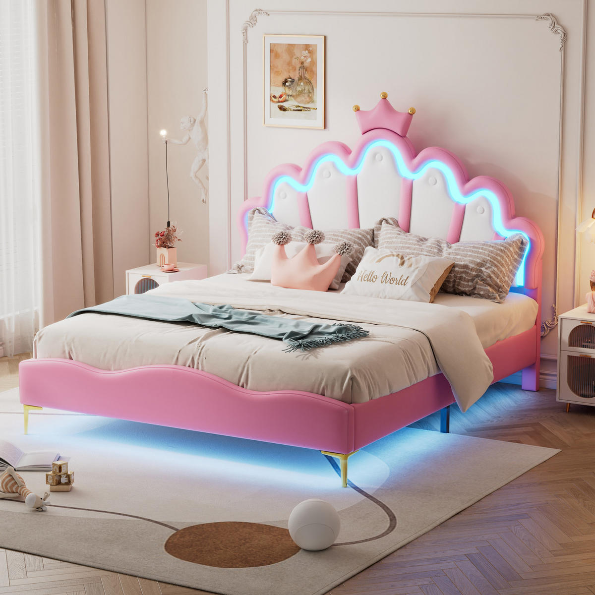 POLSTERBETT 140x200 cm, Rosa, mit Lattenrost Jugendbett mit Verstellbarem LED, PU - Rosa, Textil/Metall (140/200cm)