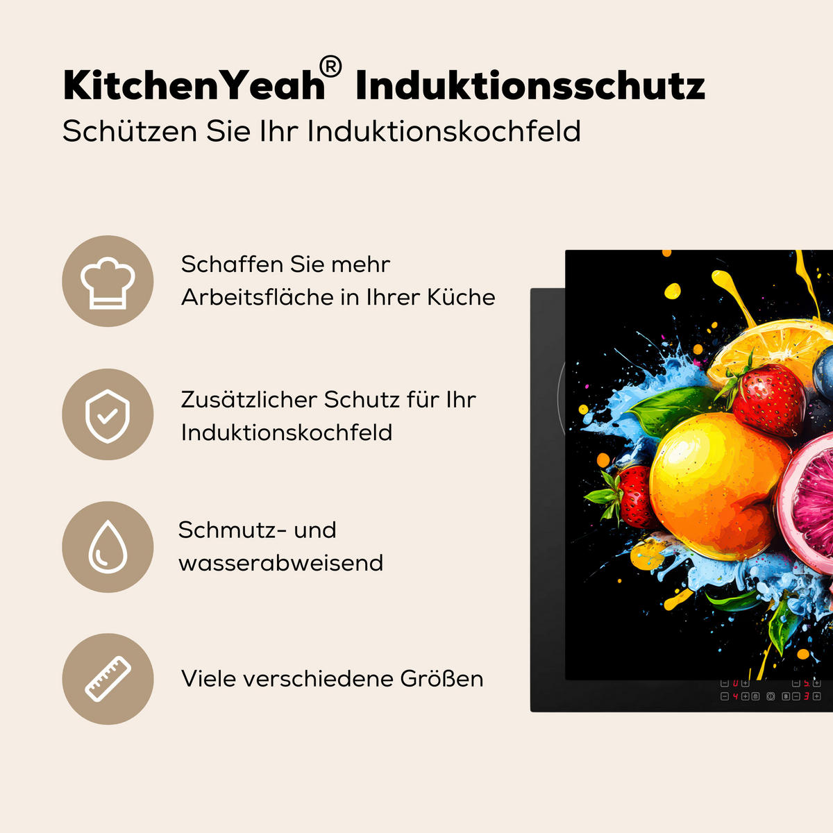 HERDABDECKPLATTE Obst - Graffiti - Bunt - Orange - Erdbeere - Abstrakt 81x52 cm - Orange, Kunststoff (81/0.2/52cm) - MuchoWow