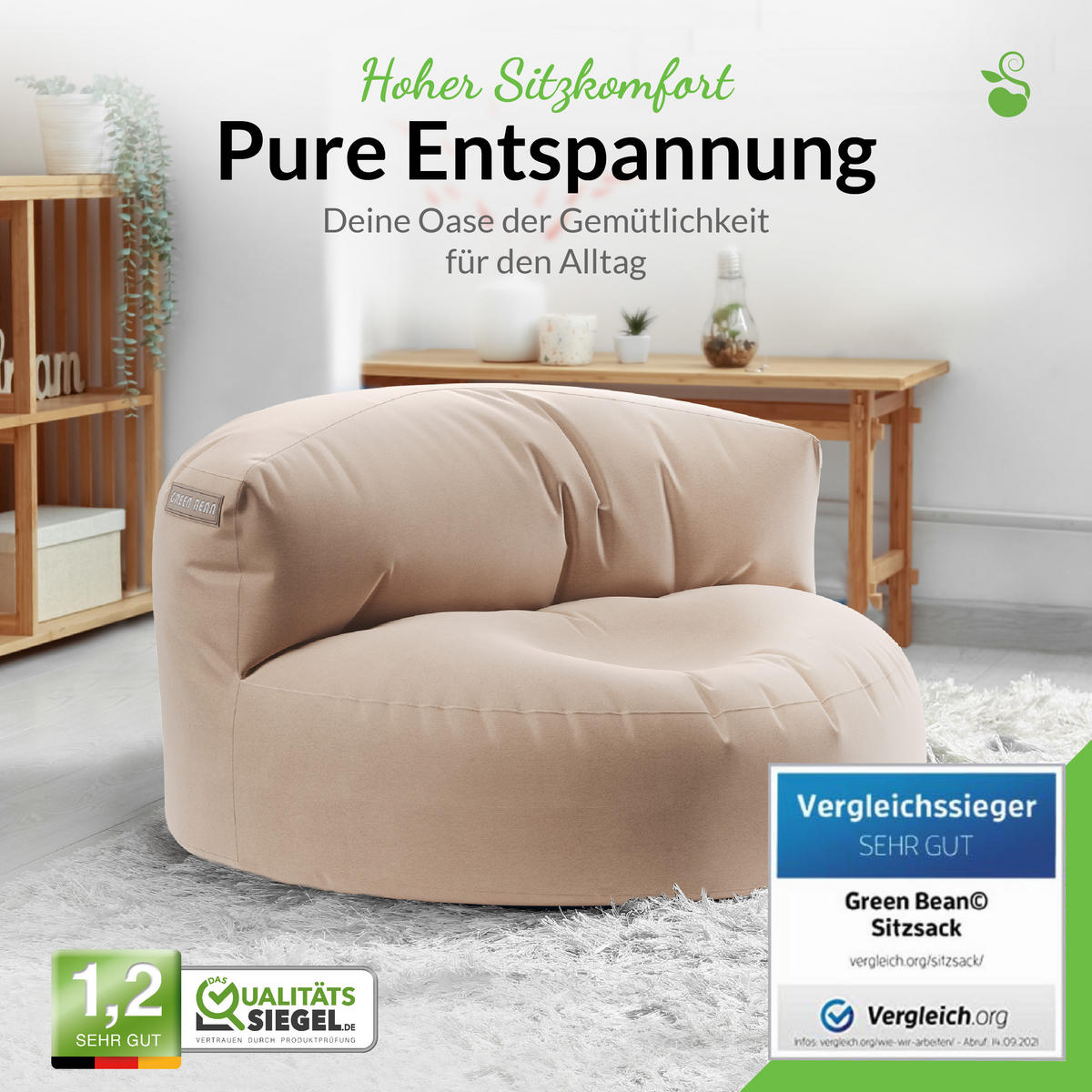 INDOOR OUTDOOR SITZSACK Lounge Sofa - Beige, Textil (90/50/50cm) - Green Bean
