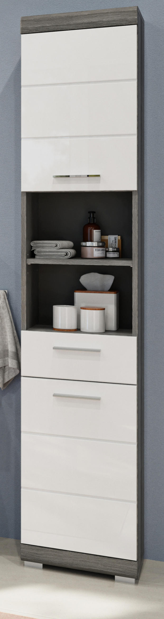 HOCHSCHRANK weiß Hochglanz, grau 190 cm, Badschrank Türanschlag wechselbar - Weiß Hochglanz/Silberfarben, Holzwerkstoff/Kunststoff (37/191/31cm) - Inn.Furn
