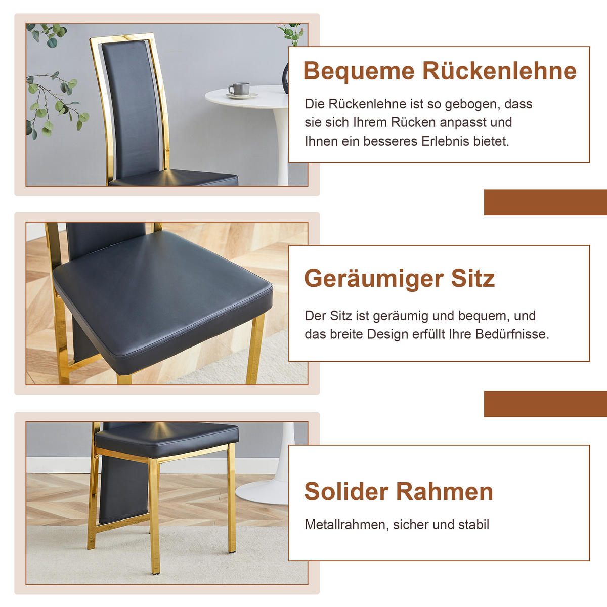 ESSGRUPPE DE-39460 3-teilig, Glastisch und 2 Stühlen mit Goldkante Schwarz - Schwarz, Metall (88/75/88cm) - ComfortXL