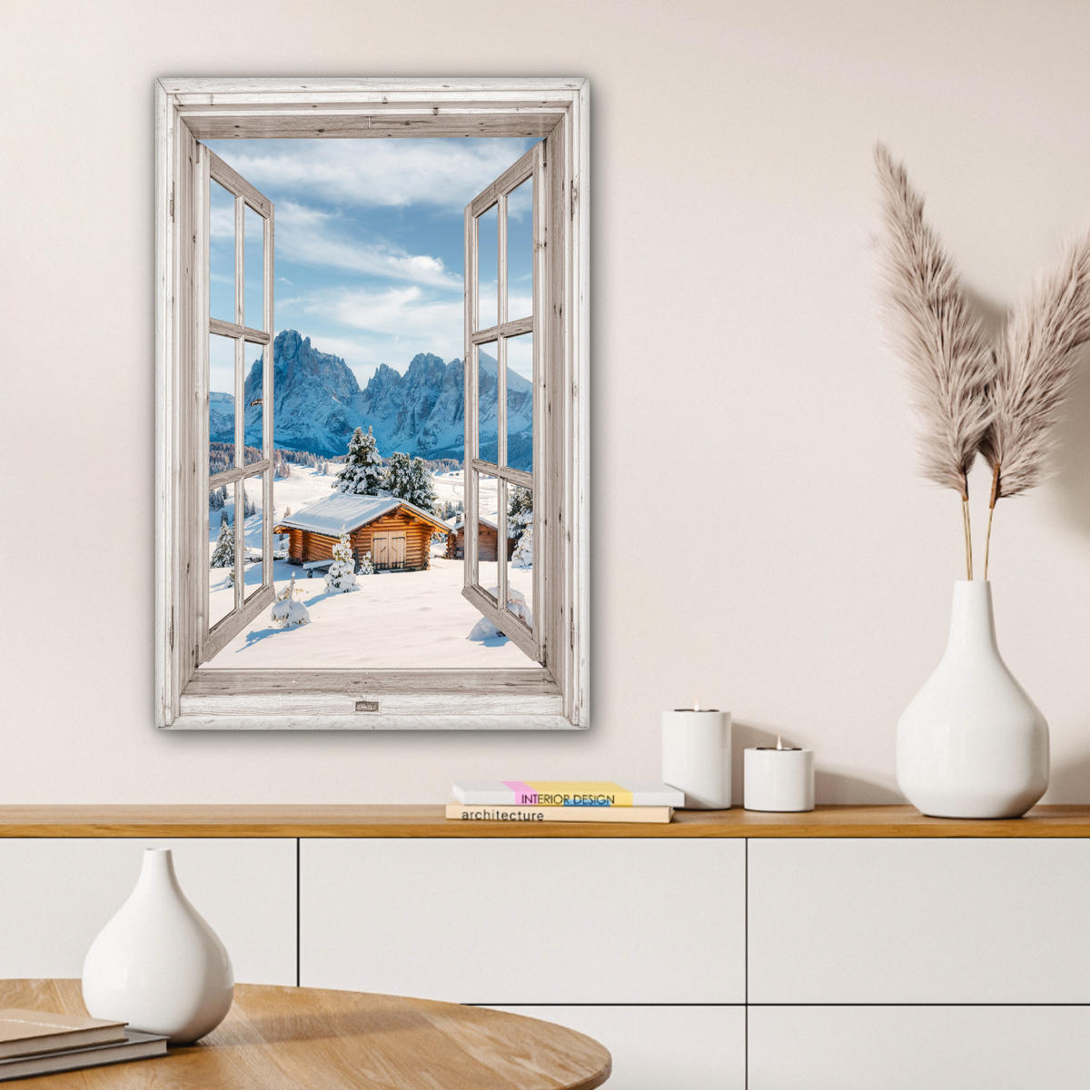 LEINWANDBILD Winterlandschaft - Hütte - Berge - Ausblicke - Aussicht - Natur Wanddeko 40x60 cm - Weiß Hochglanz, Textil (40/60cm) - MuchoWow