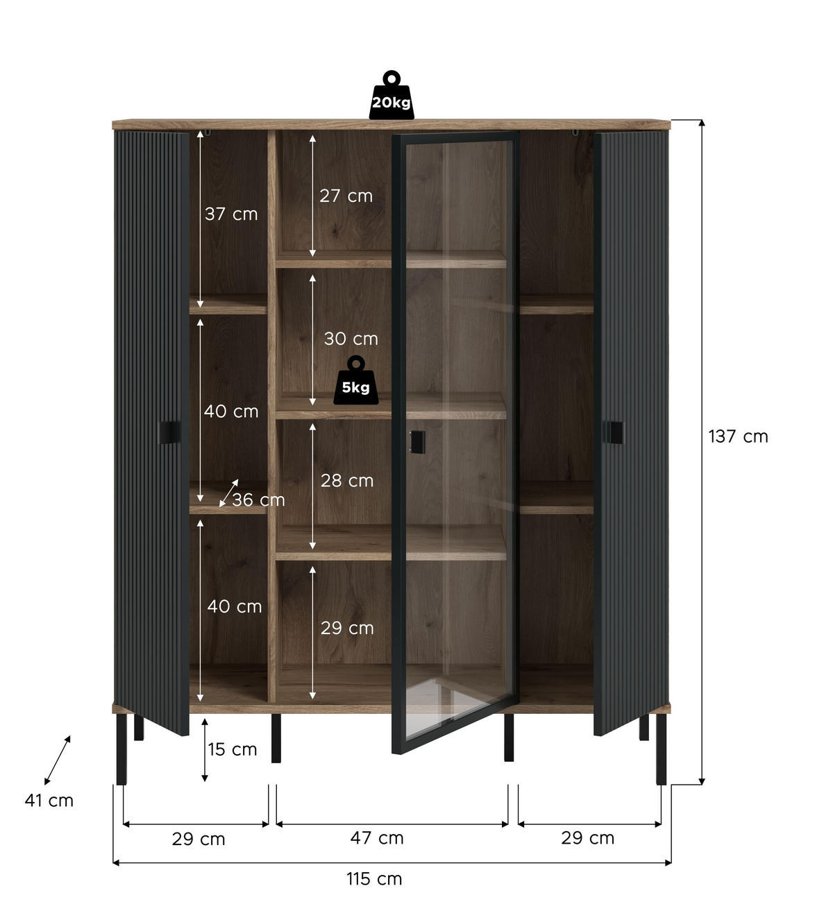 HIGHBOARD CHESS (B/H/T: ca. 115/137/41 cm) in Nox Oak Nachbildung/schwarz - Eichefarben, Holzwerkstoff (115/137/41cm)